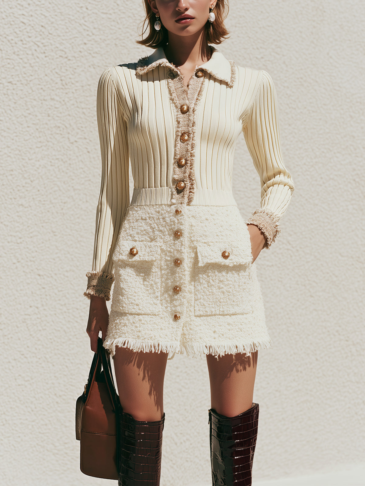 Tweed Texture & Knit Fringe‑Trim Mini Dress