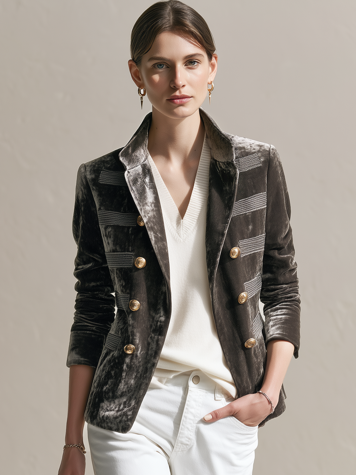 Charcoal Velvet Stand‑Lapel Vintage Gold‑Button Short Blazer
