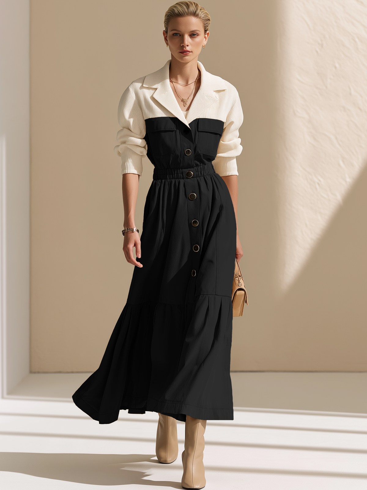 Cream Knit Contrast Black Utility Faux‑Two‑Piece Waisted Maxi Dress