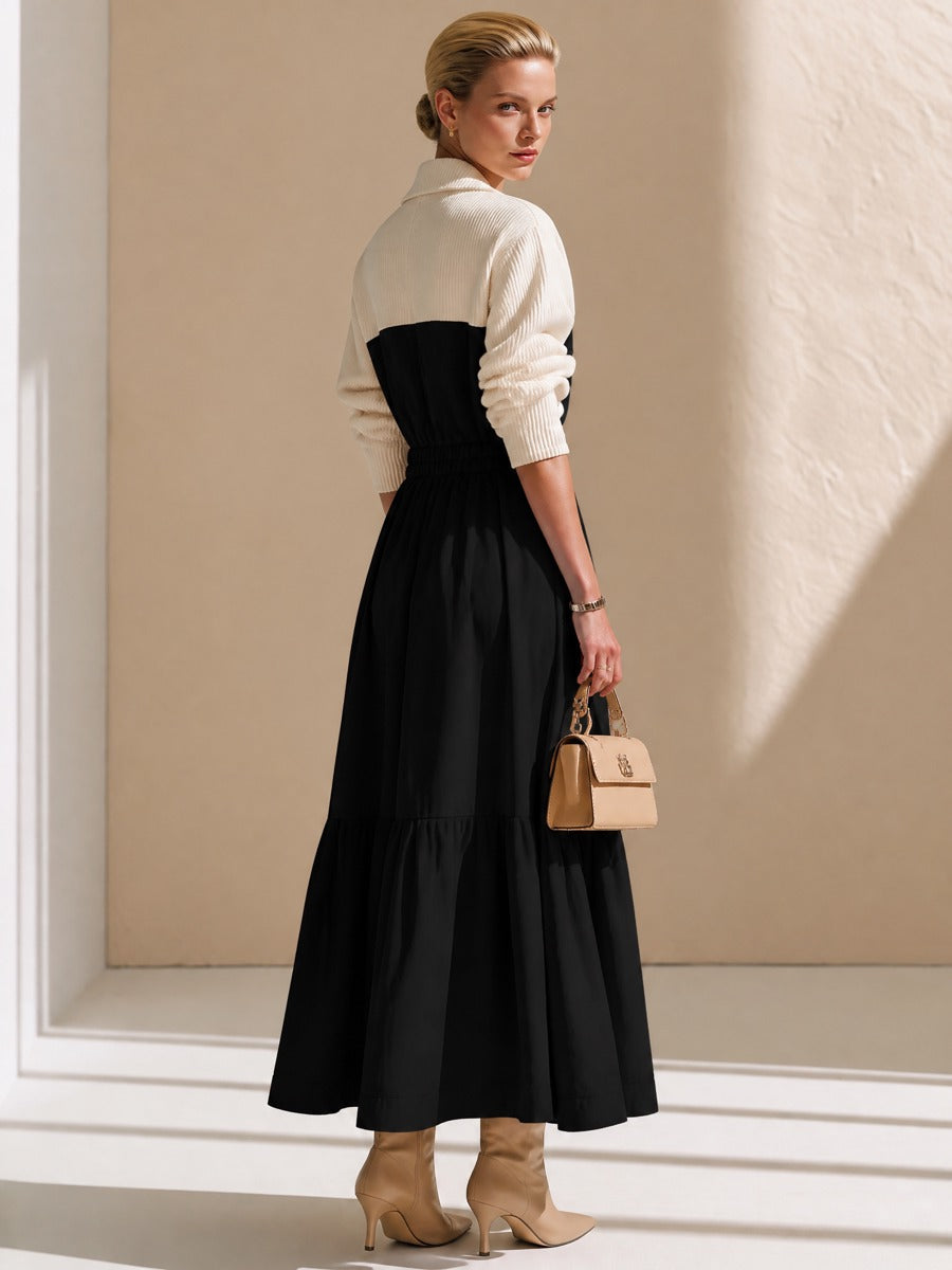 Cream Knit Contrast Black Utility Faux‑Two‑Piece Waisted Maxi Dress