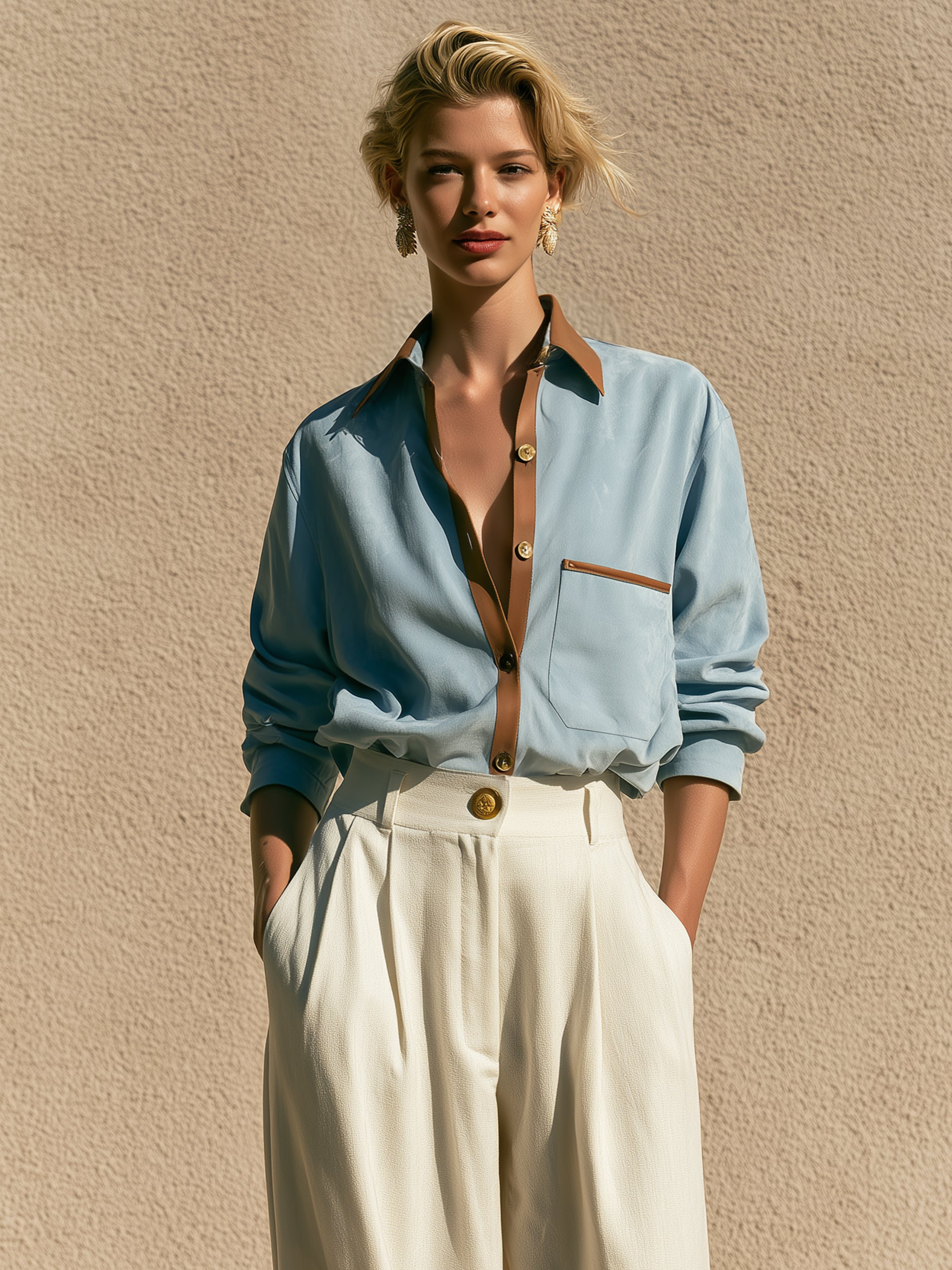 Leather‑Trim Suede Button‑Down Shirt Blouse