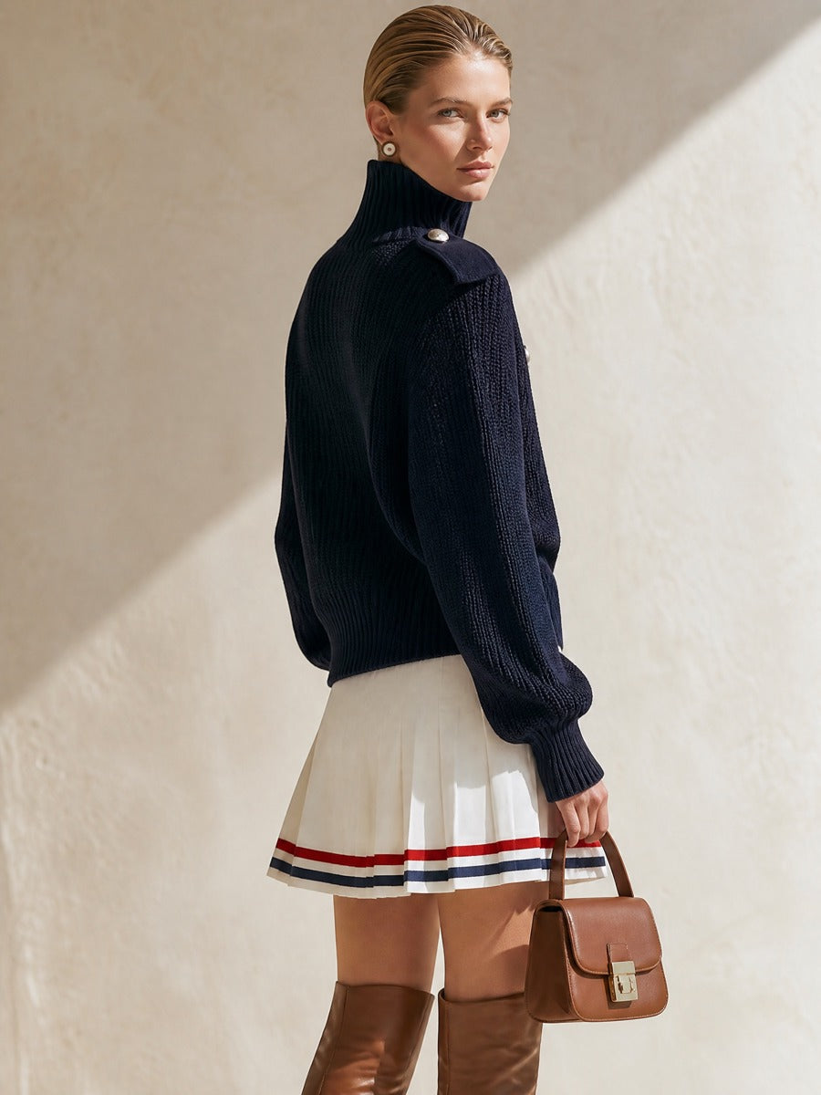 Navy Turtleneck Double‑Breasted Knit Top & Pleated Mini Skirt Two‑Piece Set