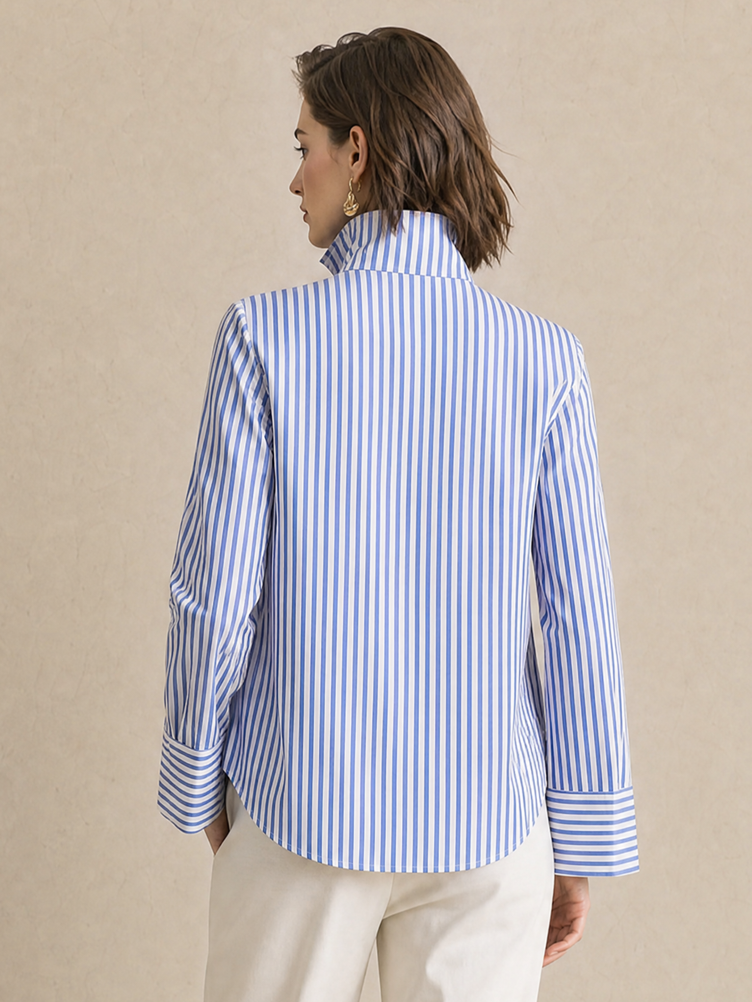 Elegant Light Blue & White Striped V-Neck Shirt