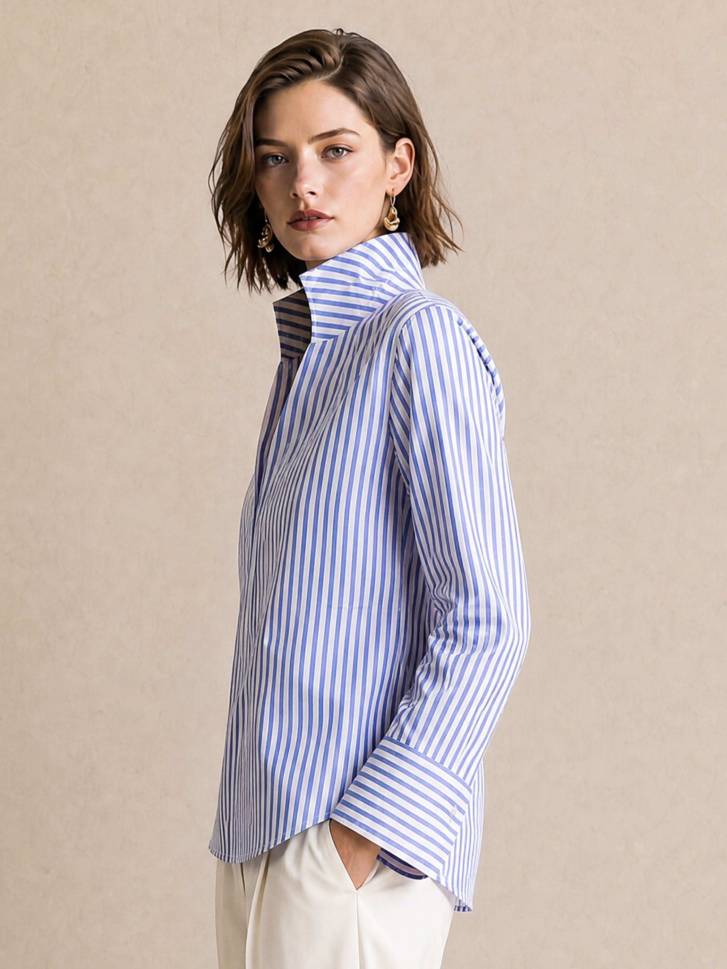 Elegant Light Blue & White Striped V-Neck Shirt