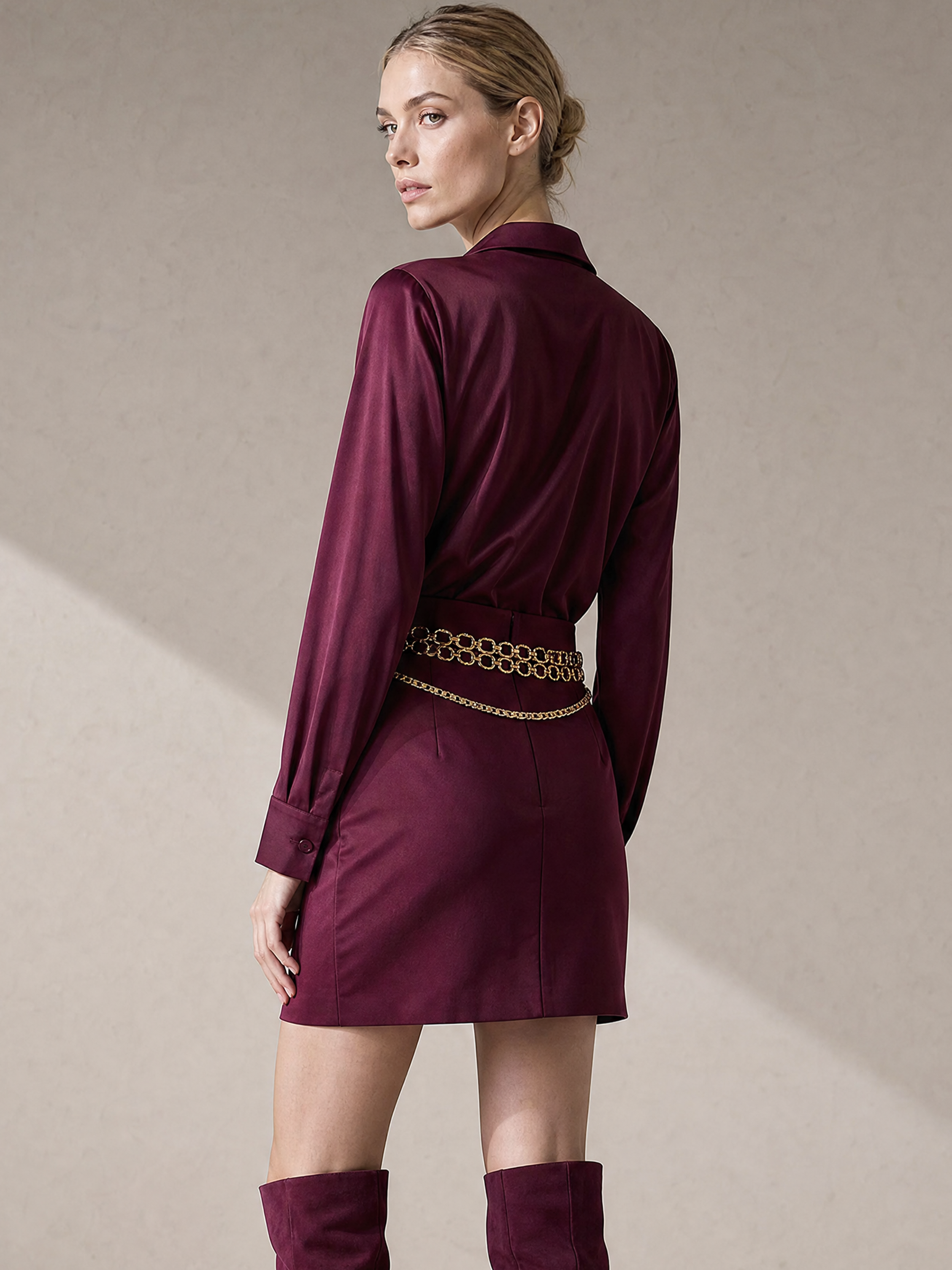 Burgundy Satin Shirt & Mini Skirt Two Piece Set With Gold Waist Chain
