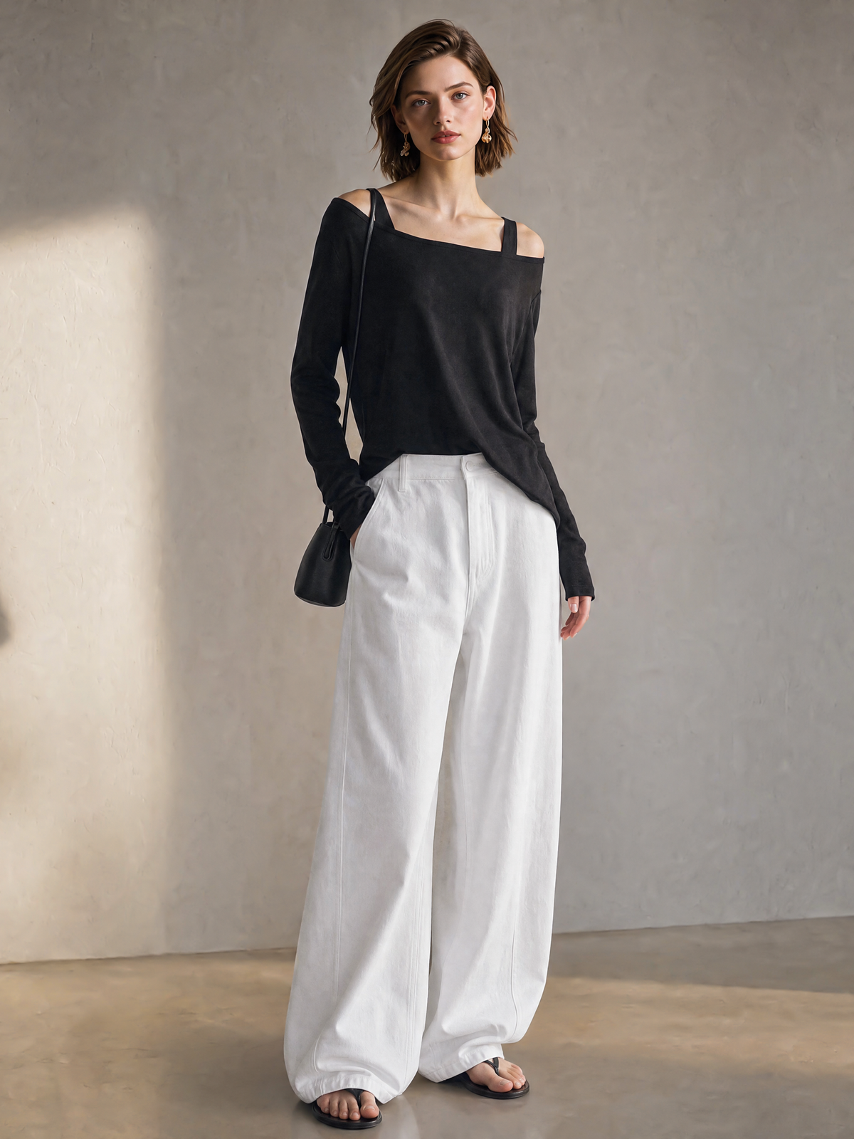 Elegant Black Off-Shoulder Top & White Wide-Leg Jeans Set