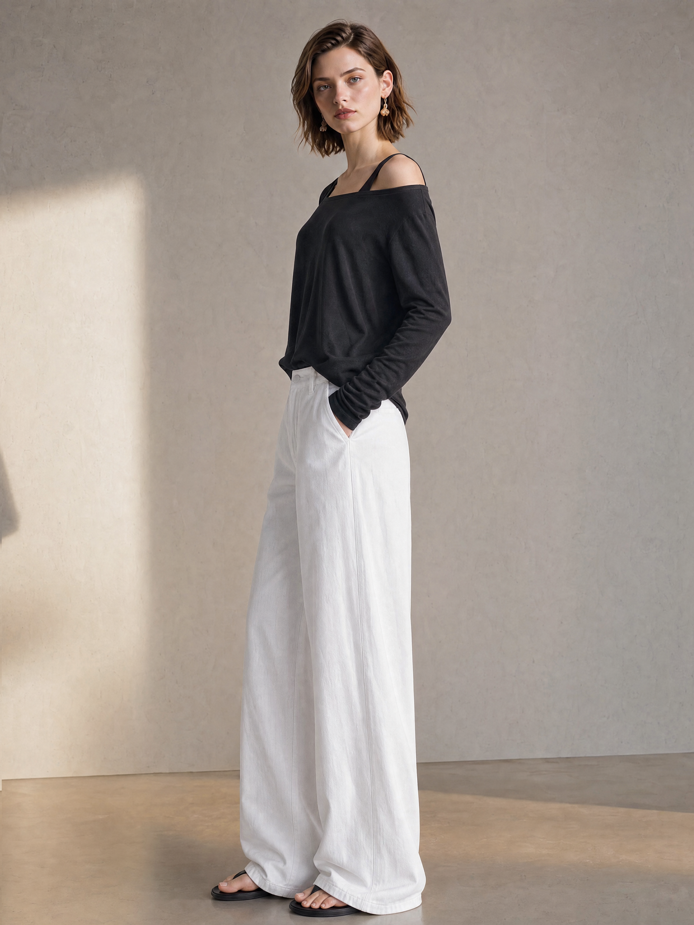 Elegant Black Off-Shoulder Top & White Wide-Leg Jeans Set