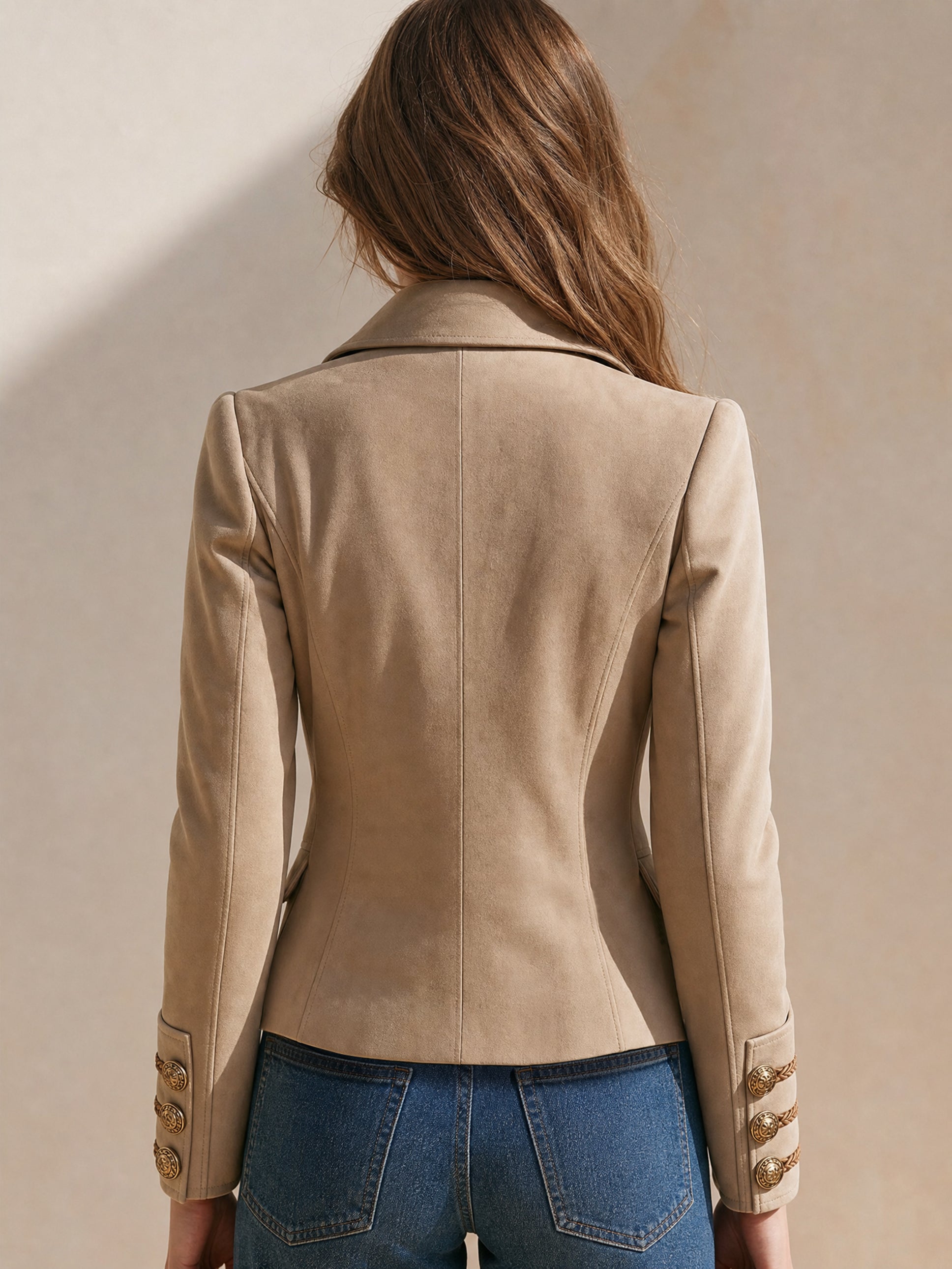 Braided‑Trim Military Tailored Suede Jacket