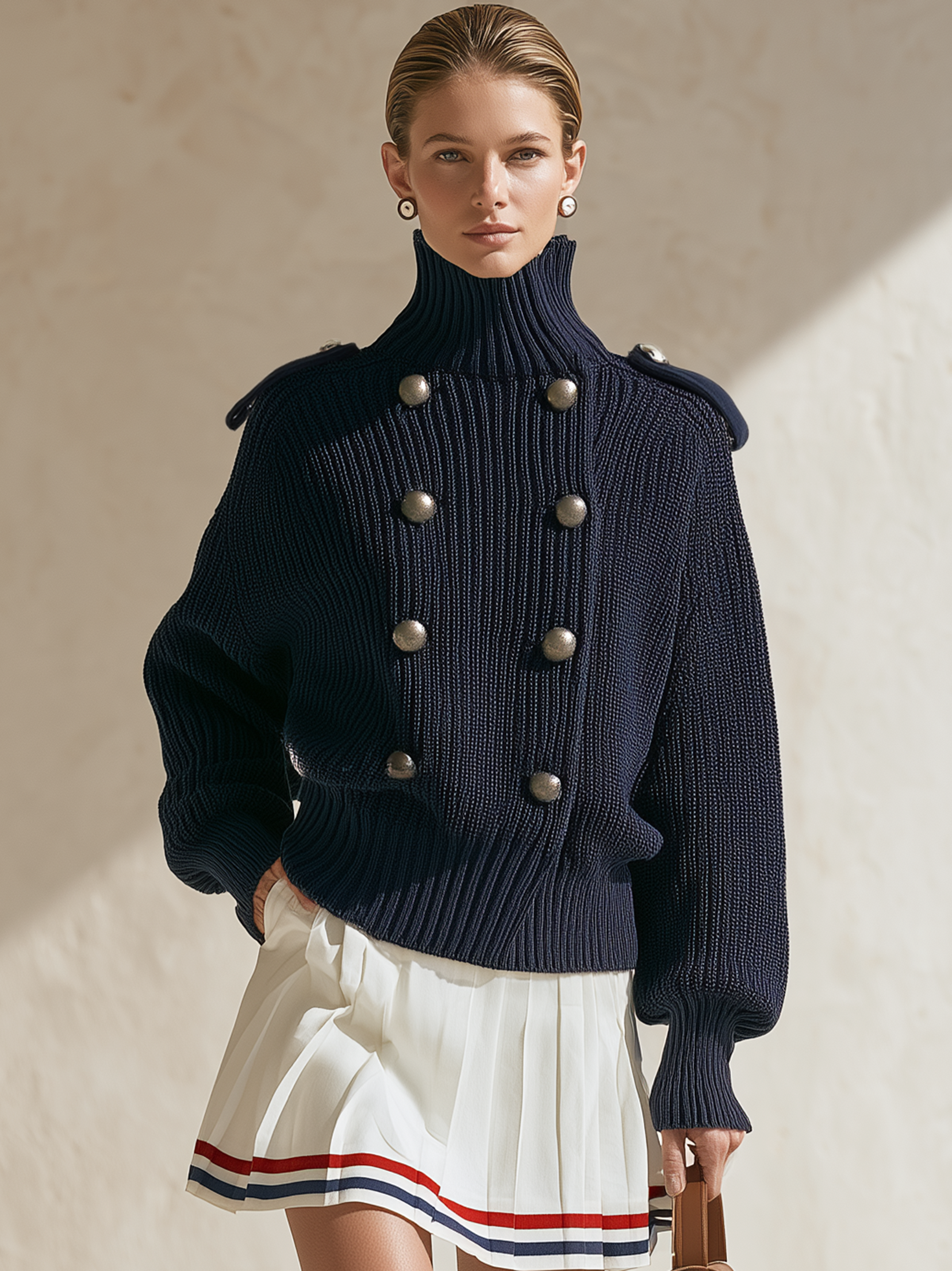 Navy Turtleneck Epaulet Double‑Breasted Chunky Knit Cardigan
