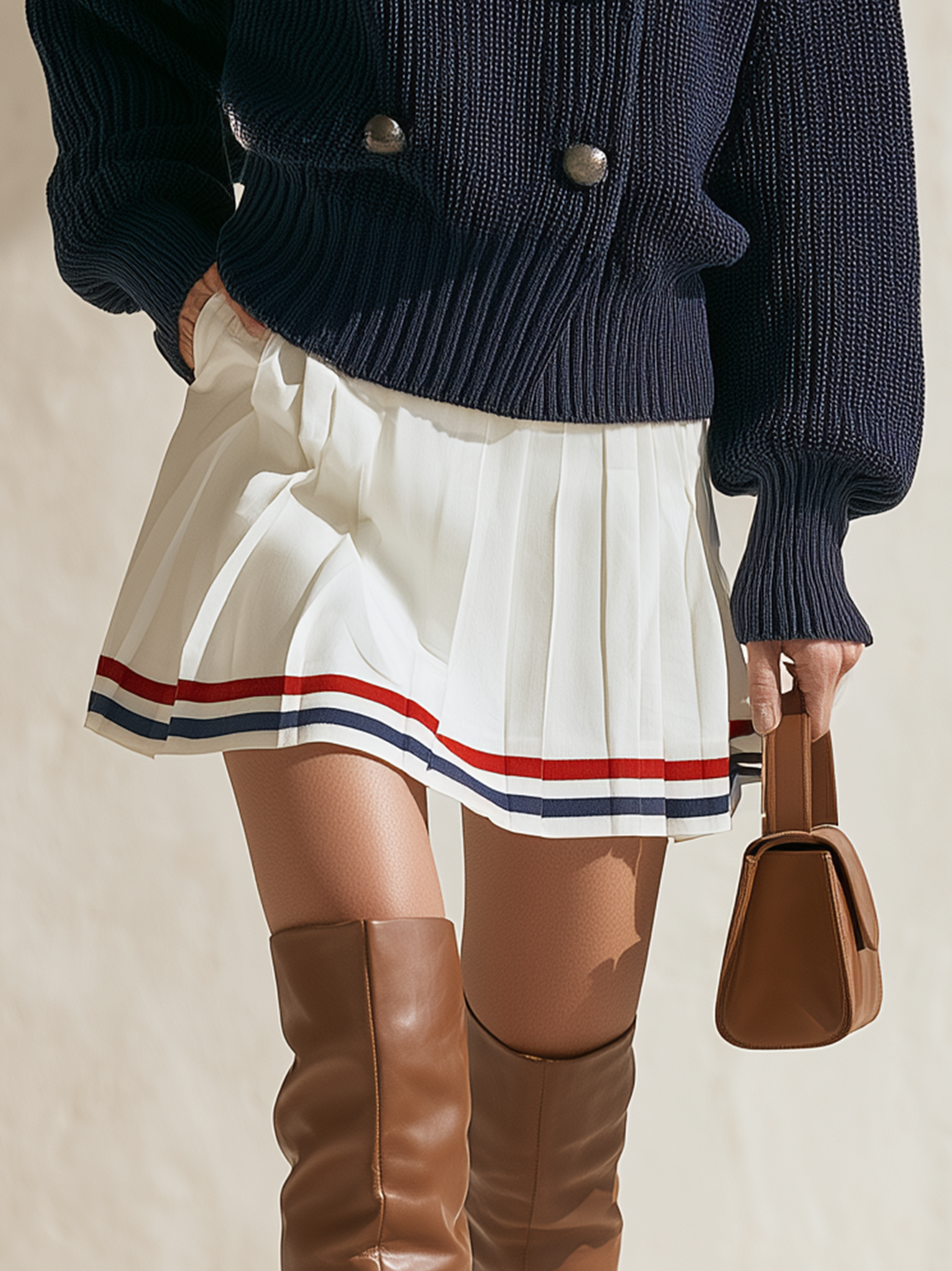 Off‑White High‑Waist Pleated Mini Skirt With Contrast Striped Hem