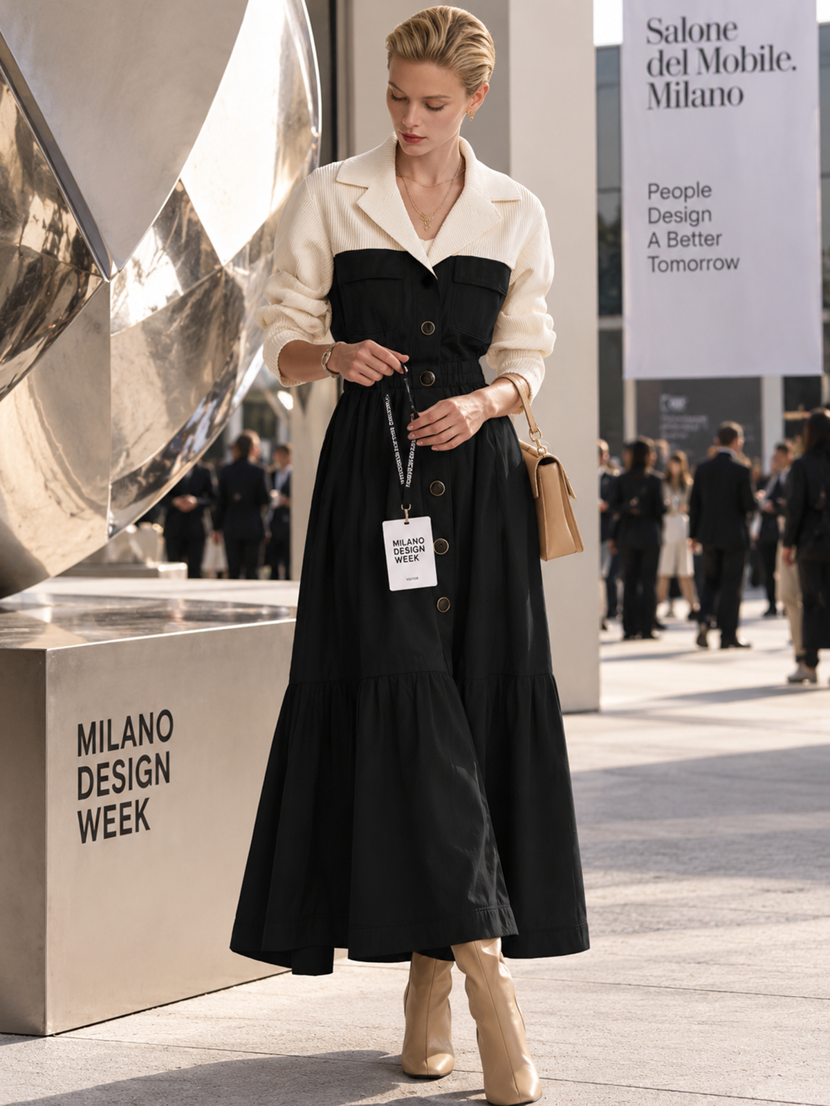 Cream Knit Contrast Black Utility Faux‑Two‑Piece Waisted Maxi Dress