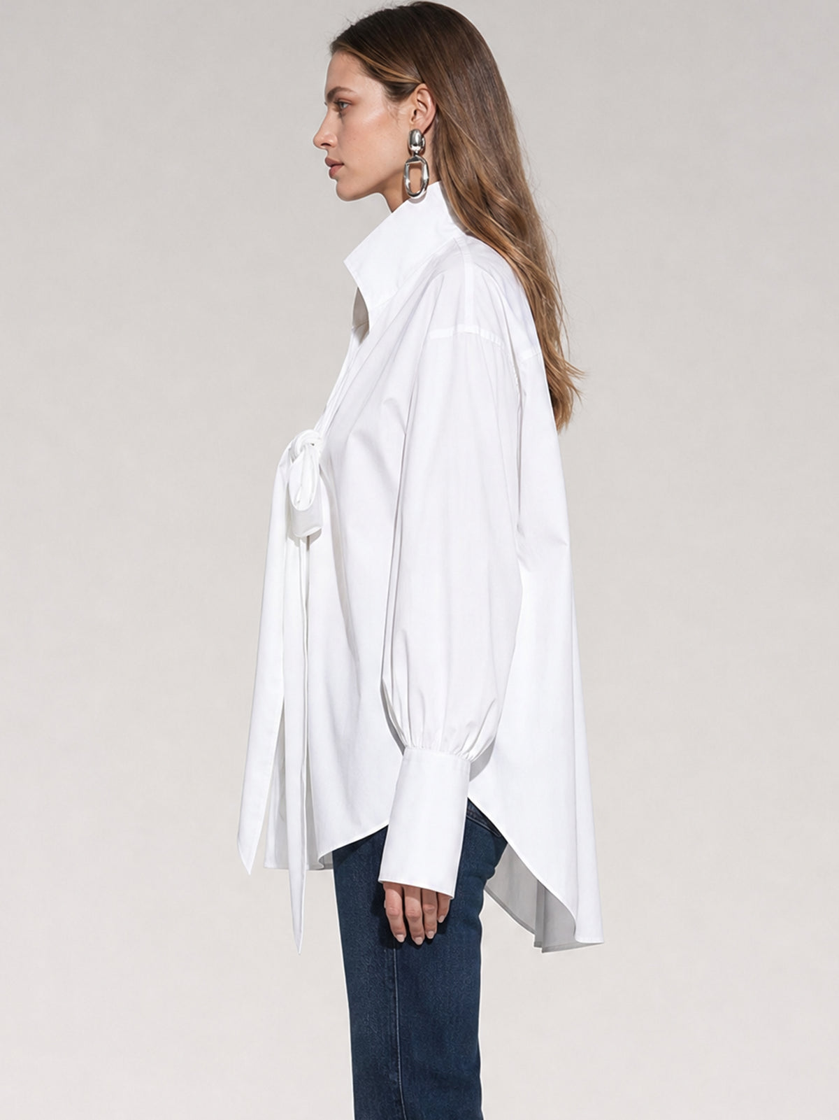 Oversized Tie-Neck Cotton Blend Shirt