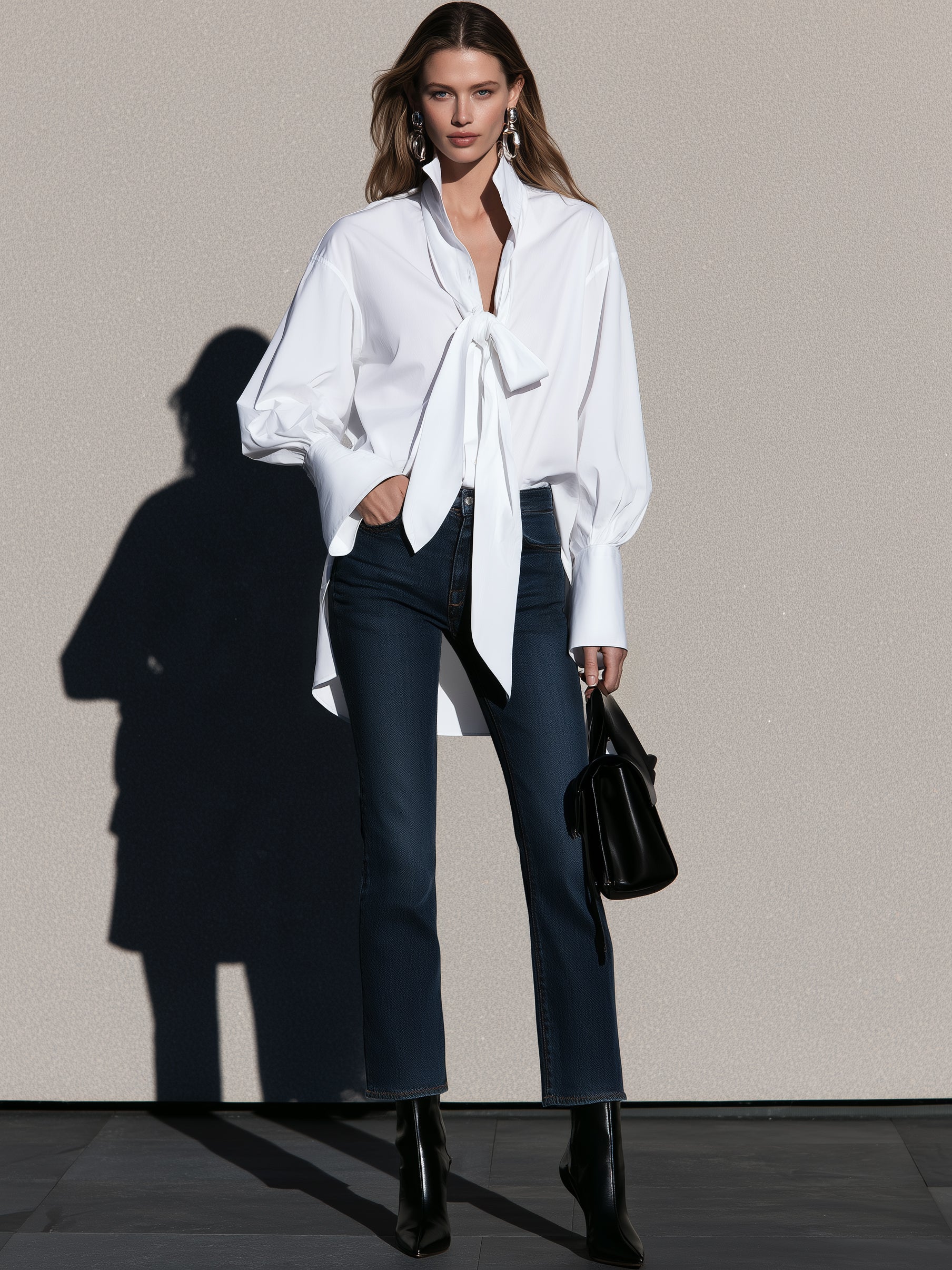 Oversized Tie-Neck Cotton Blend Shirt
