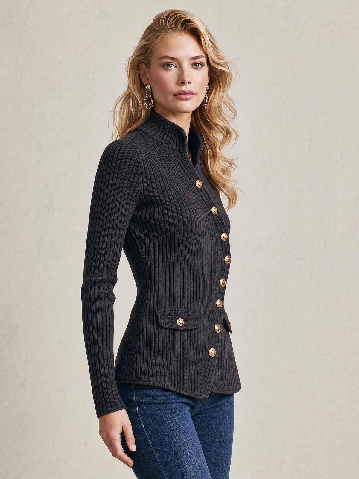Elegant Charcoal Asymmetric Ribbed Knit Top With Gold Buttons