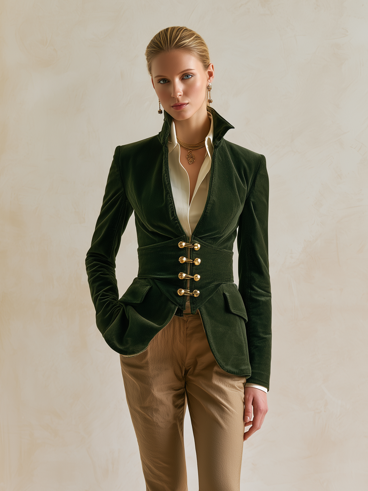 Elegant Forest Green Velvet High-Collar Blazer