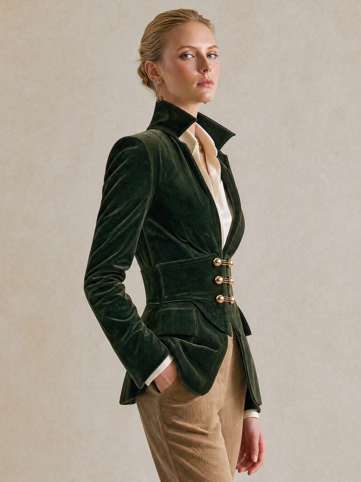 Elegant Forest Green Velvet High-Collar Blazer