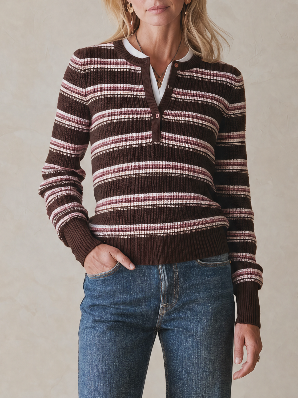 Elegant Dark Coffee Pink Striped Layered Knit Top
