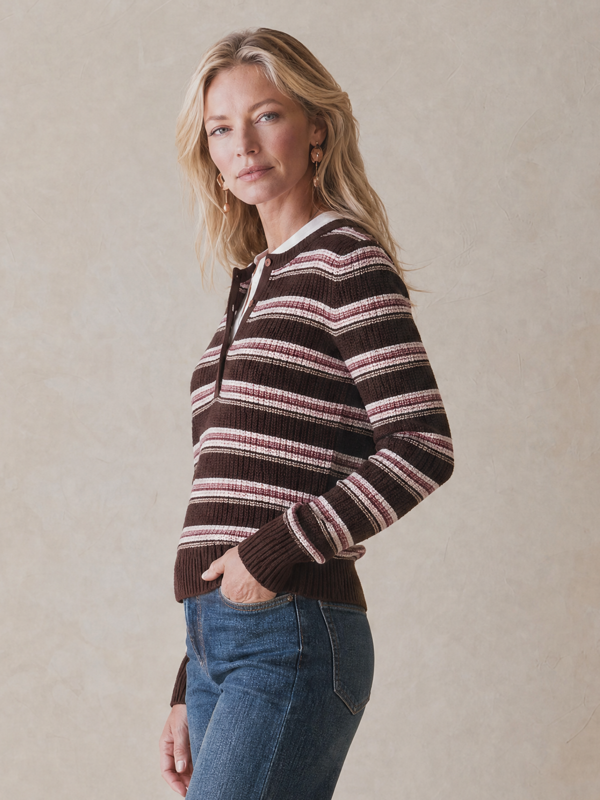 Elegant Dark Coffee Pink Striped Layered Knit Top