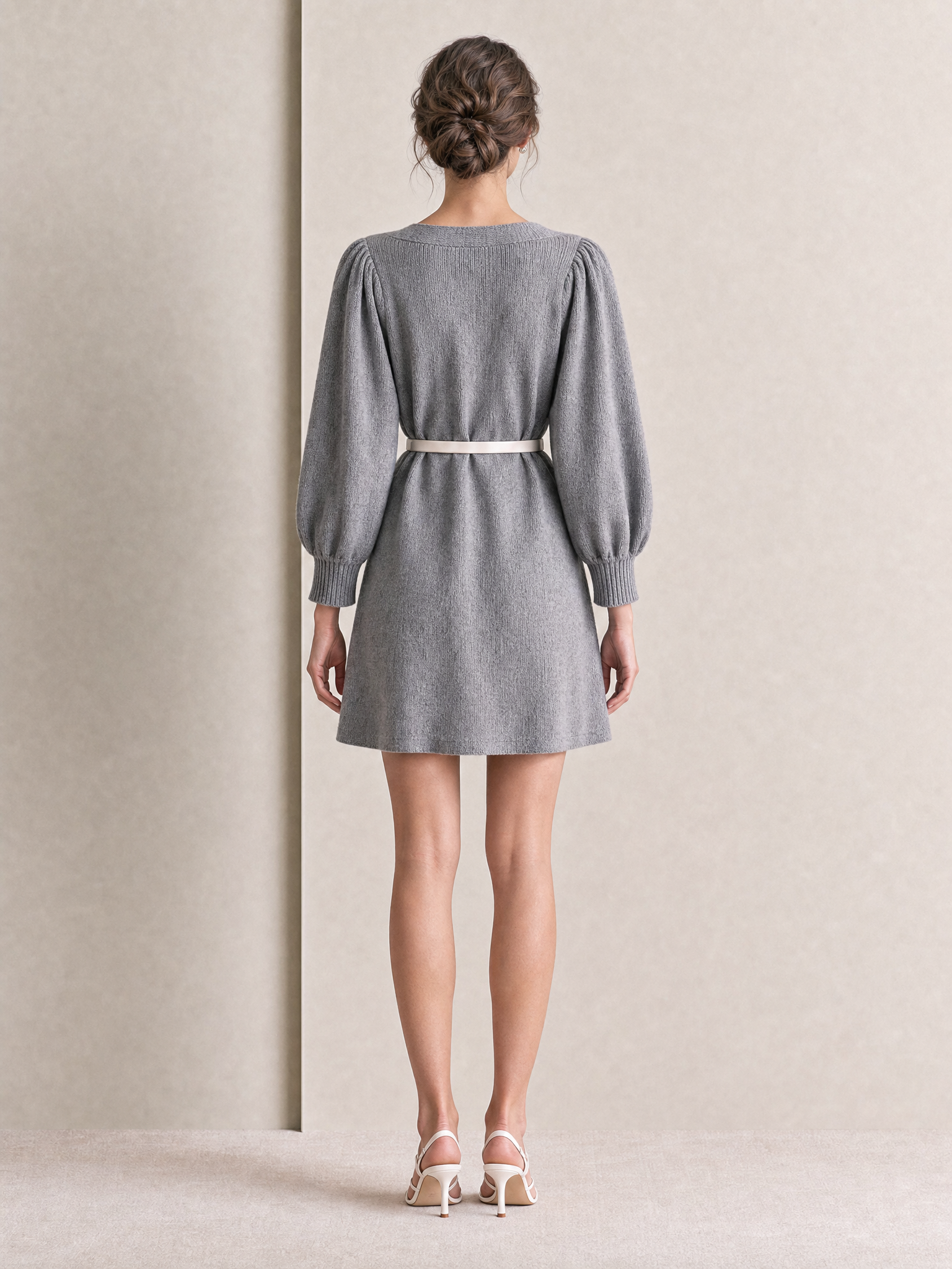 Grey Lace-Trim V-Neck Button-Front Knit Mini Dress With Belt