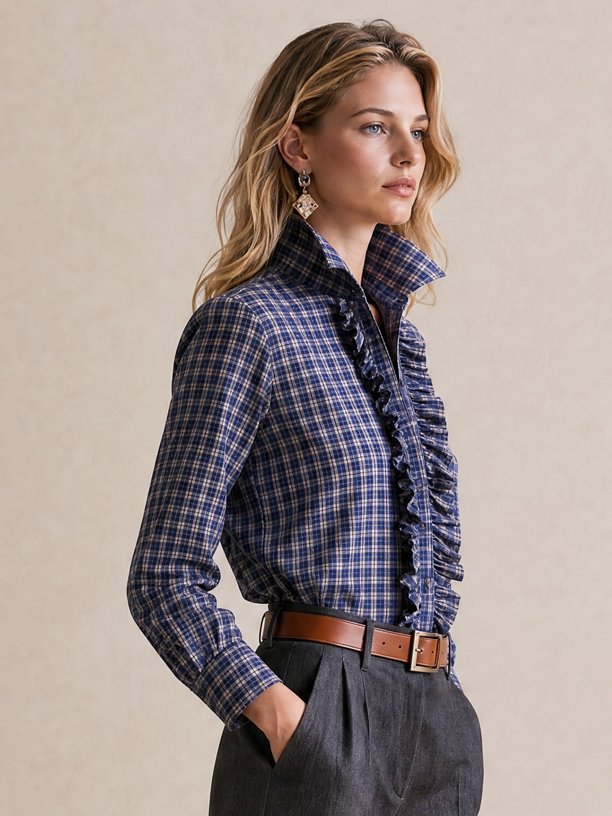 Elegant Sapphire Blue & Gray Plaid Ruffle Blouse