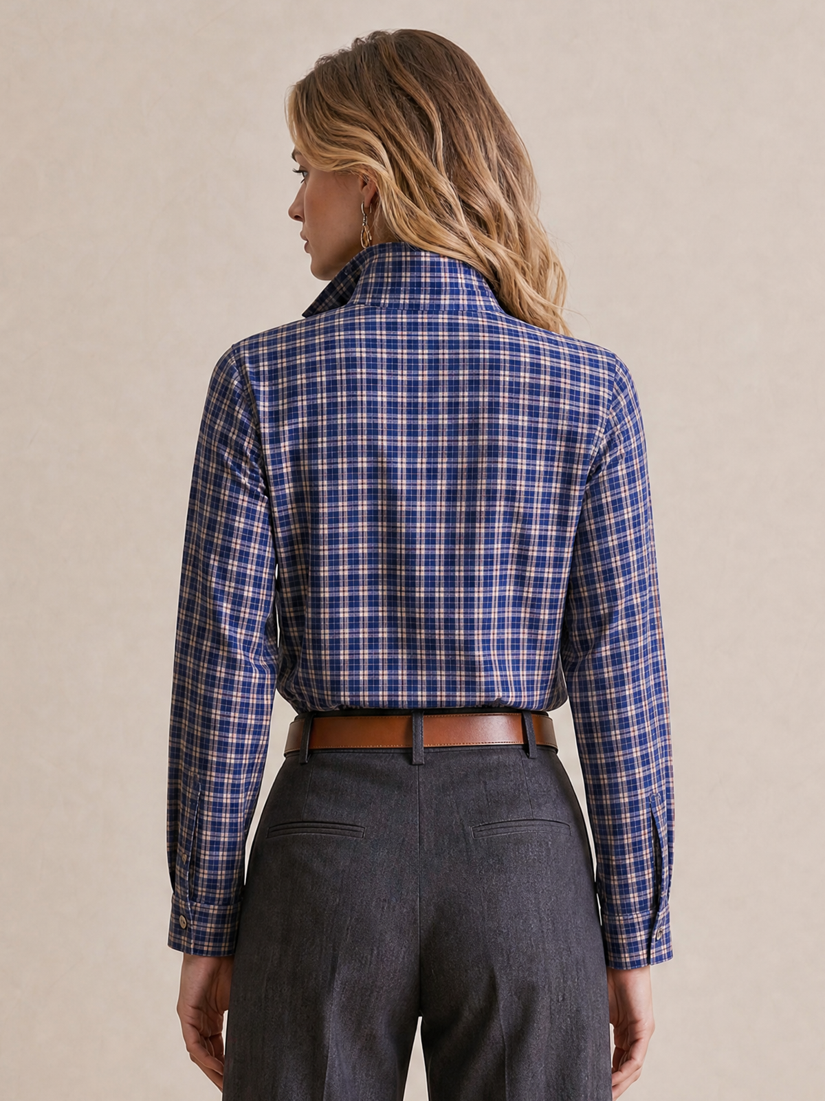 Elegant Sapphire Blue & Gray Plaid Ruffle Blouse