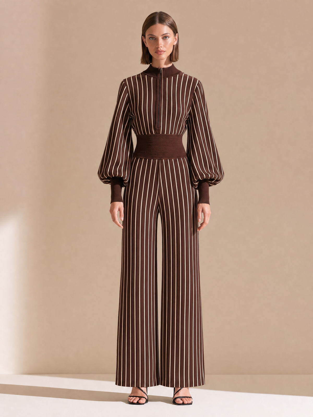 Chocolate Striped Zip-Neck Puff Sleeve Wide-Leg Jumpsuit