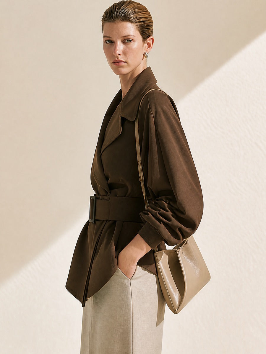 Deep Brown Wide Lapel Belted Waist Short Trench Coat