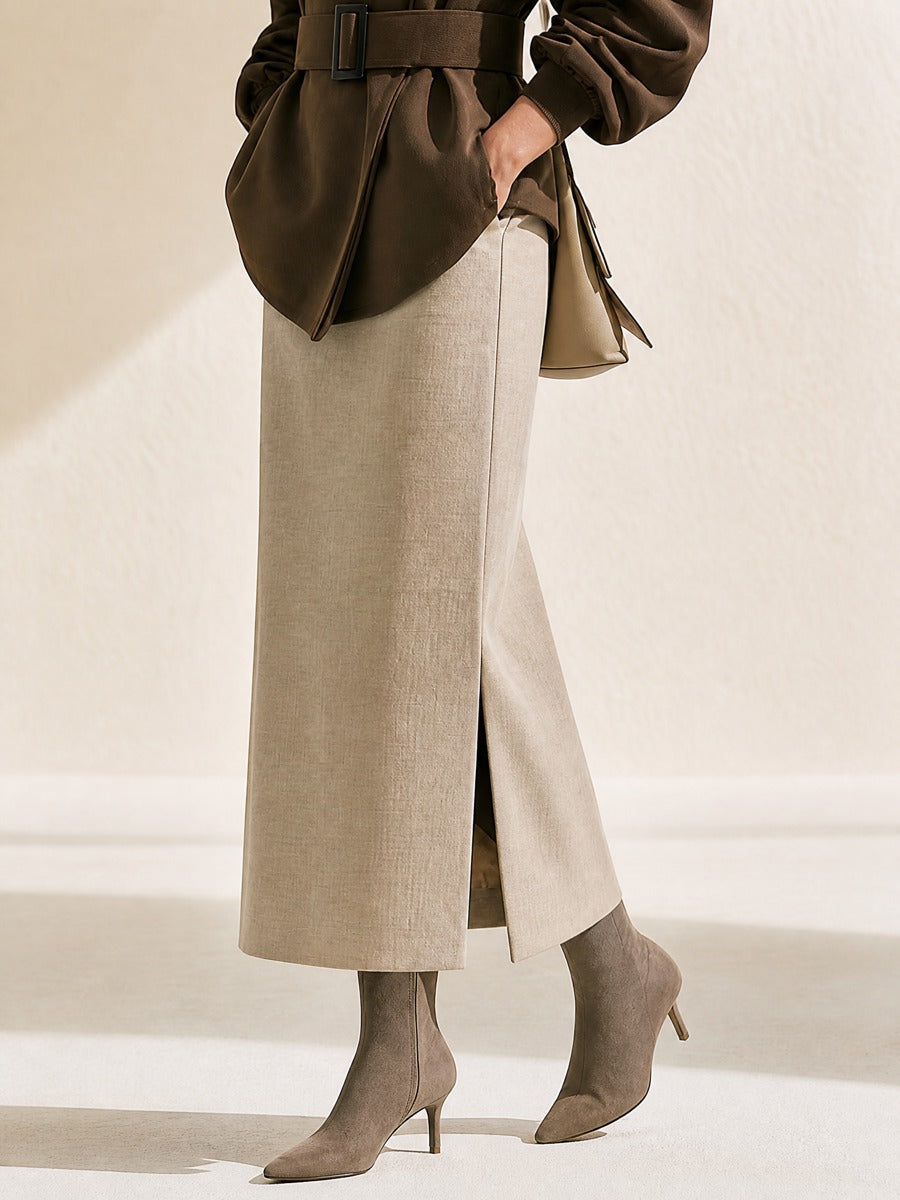 Oat Linen Texture Side Slit High Waist Straight Midi Skirt