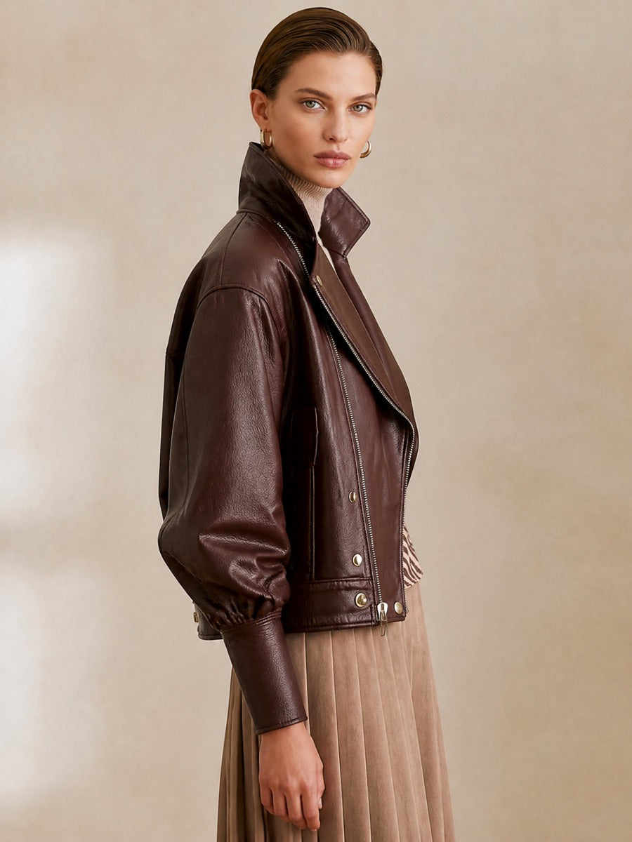 Dark Brown Lapel Zipper Cropped Moto Leather Jacket