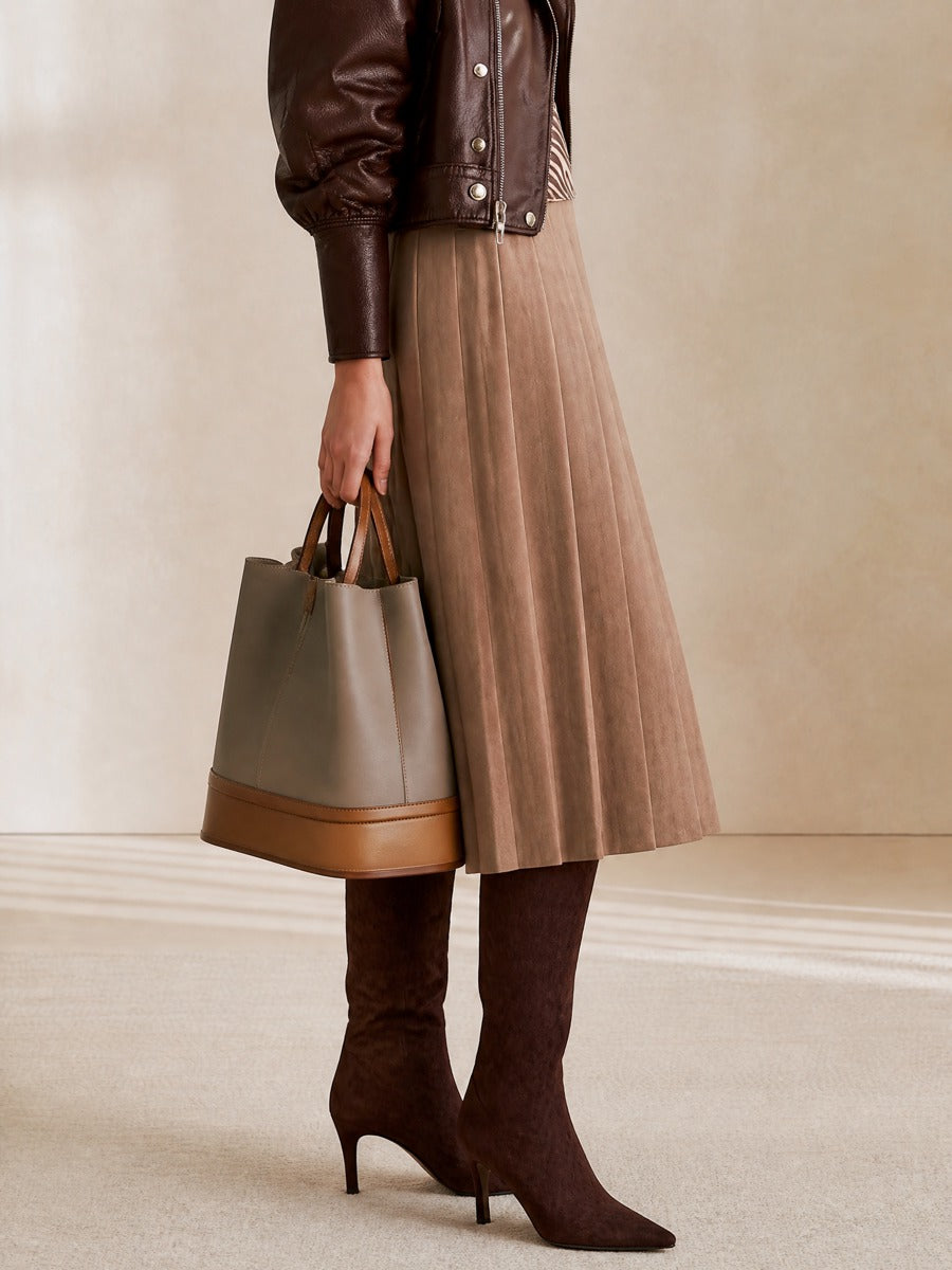 Brown High Waist Pleated Midi Skirt With Zebra Print Waist Panel