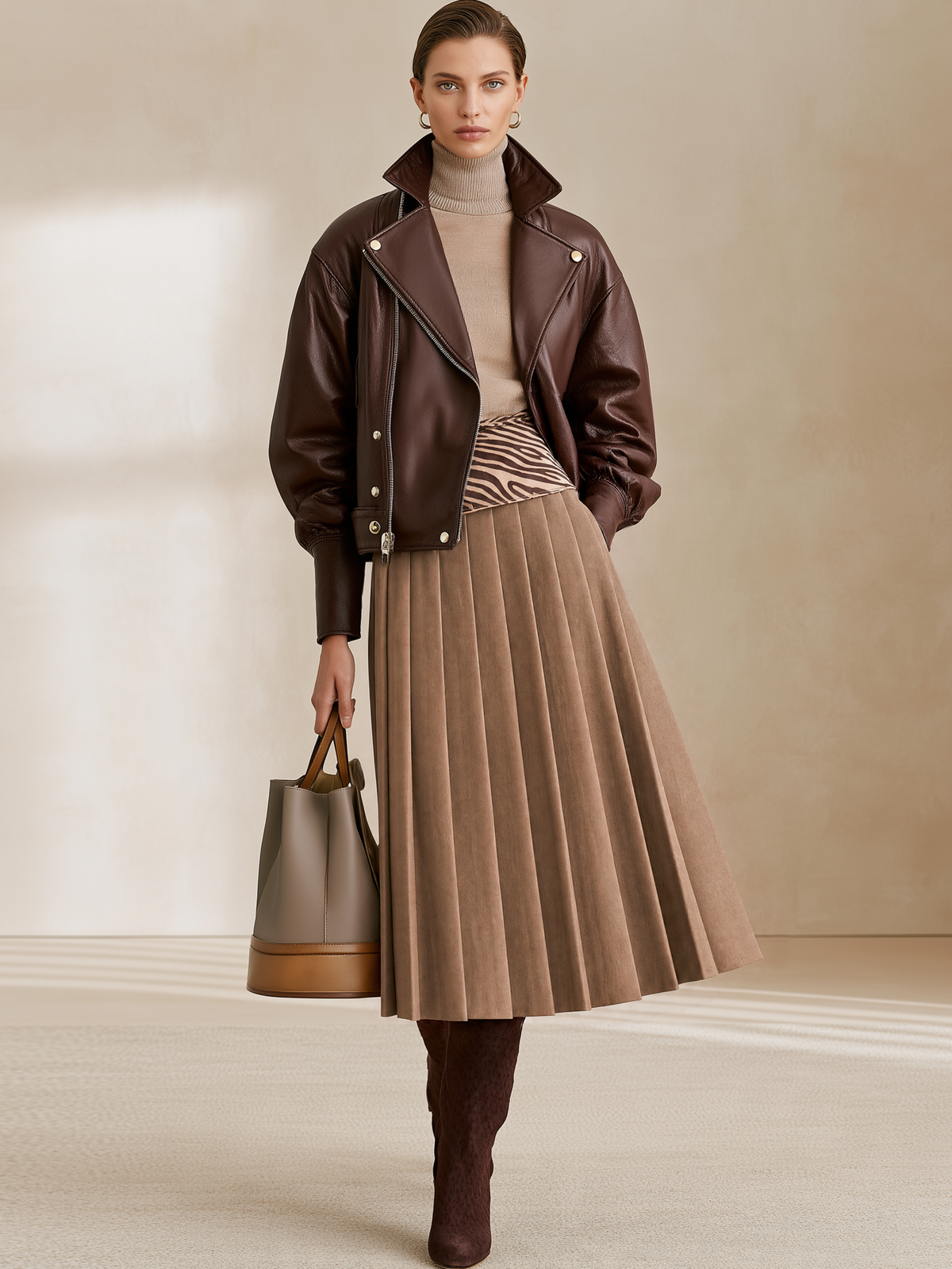 Brown High Waist Pleated Midi Skirt With Zebra Print Waist Panel
