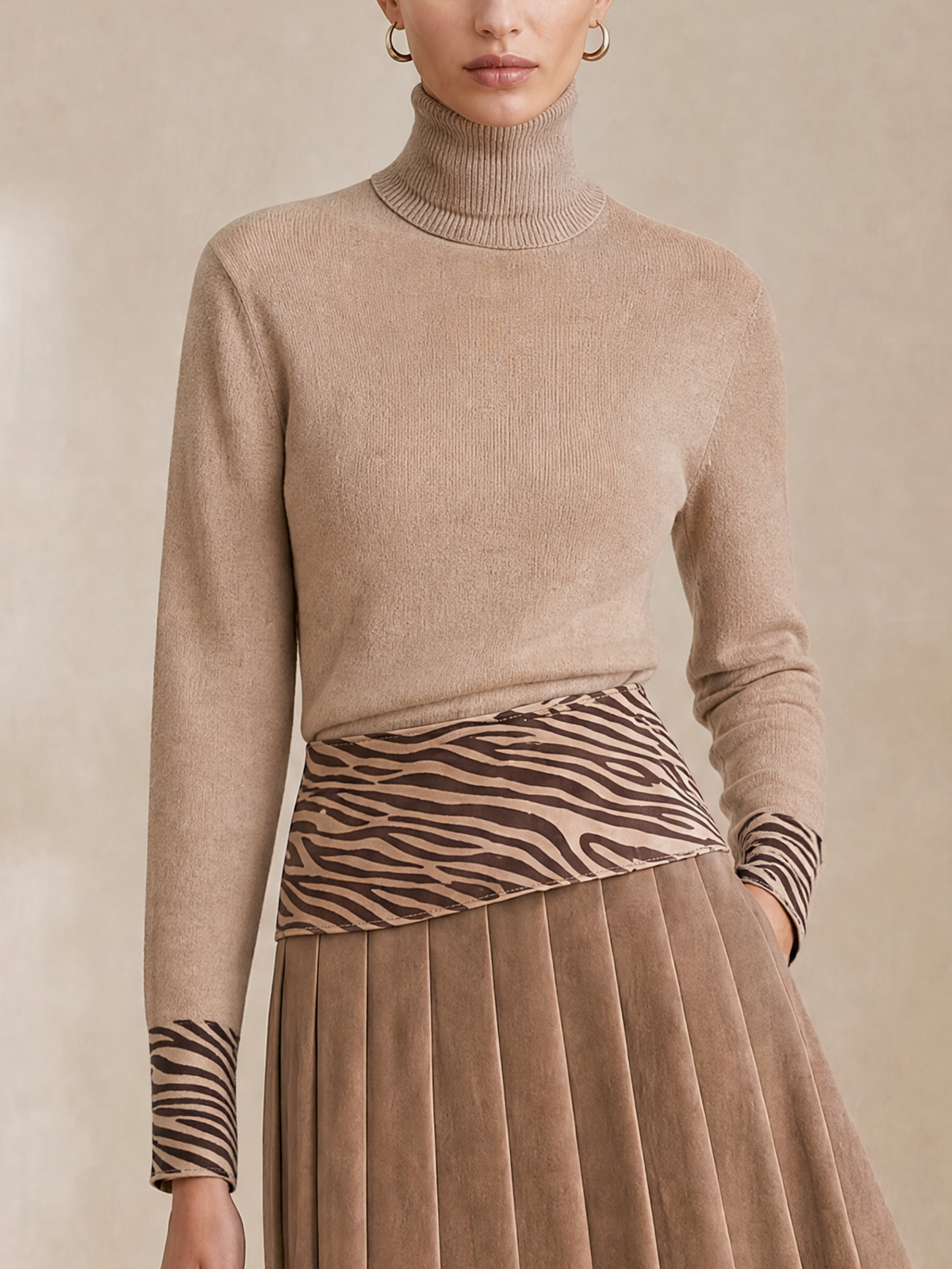 Oat Turtleneck Wool Sweater With Zebra Print Cuff Detail