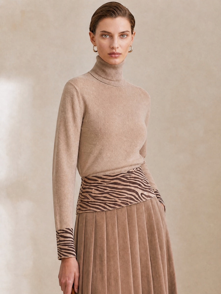 Oat Turtleneck Wool Sweater With Zebra Print Cuff Detail