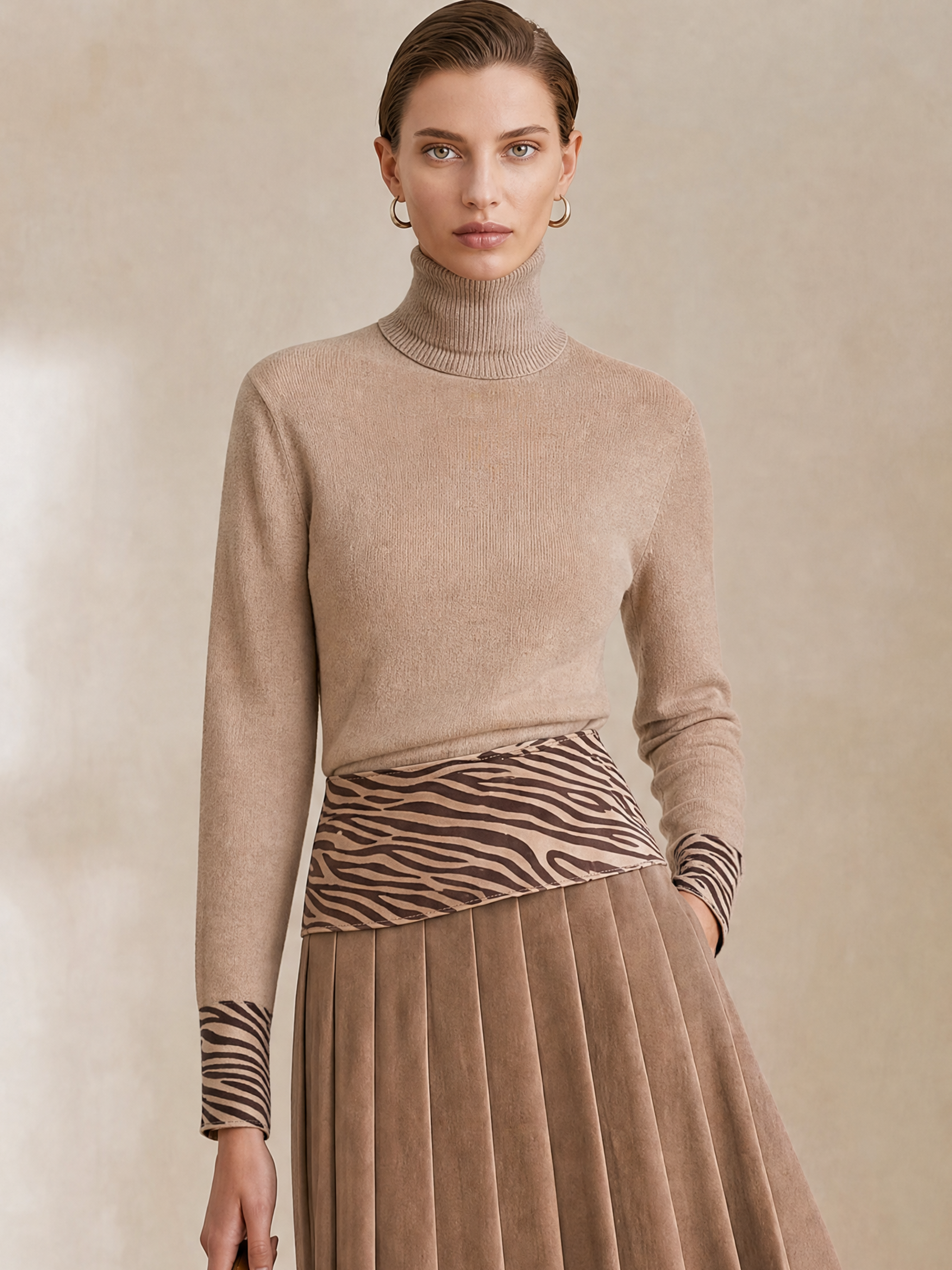Oat Turtleneck Wool Sweater With Zebra Print Cuff Detail