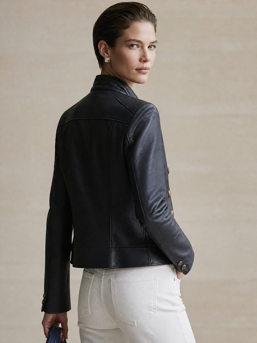 Black Stand Collar Metal Double Breasted Fitted Cropped Leather Jacket