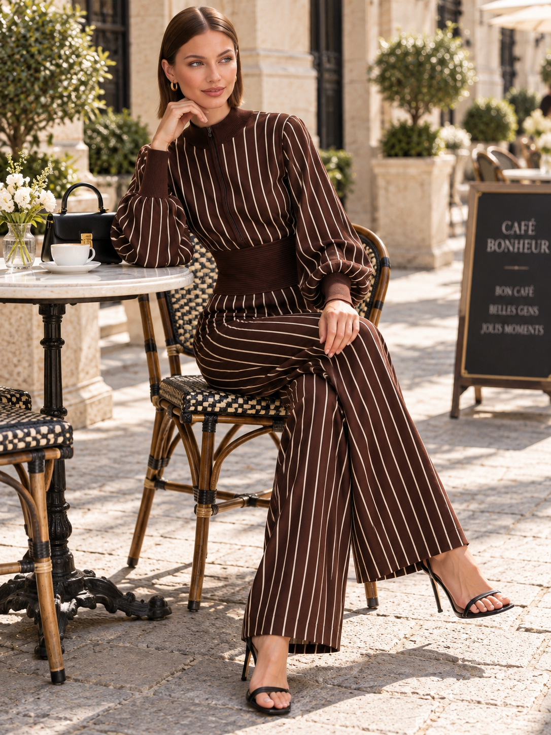 Chocolate Striped Zip-Neck Puff Sleeve Wide-Leg Jumpsuit