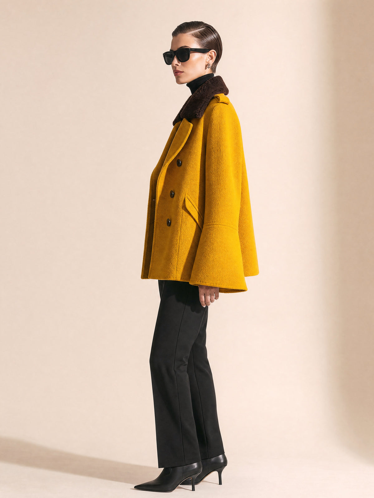 Mustard Double-Breasted Wool-Blend Coat With Faux Fur Collar And Flared Sleeves