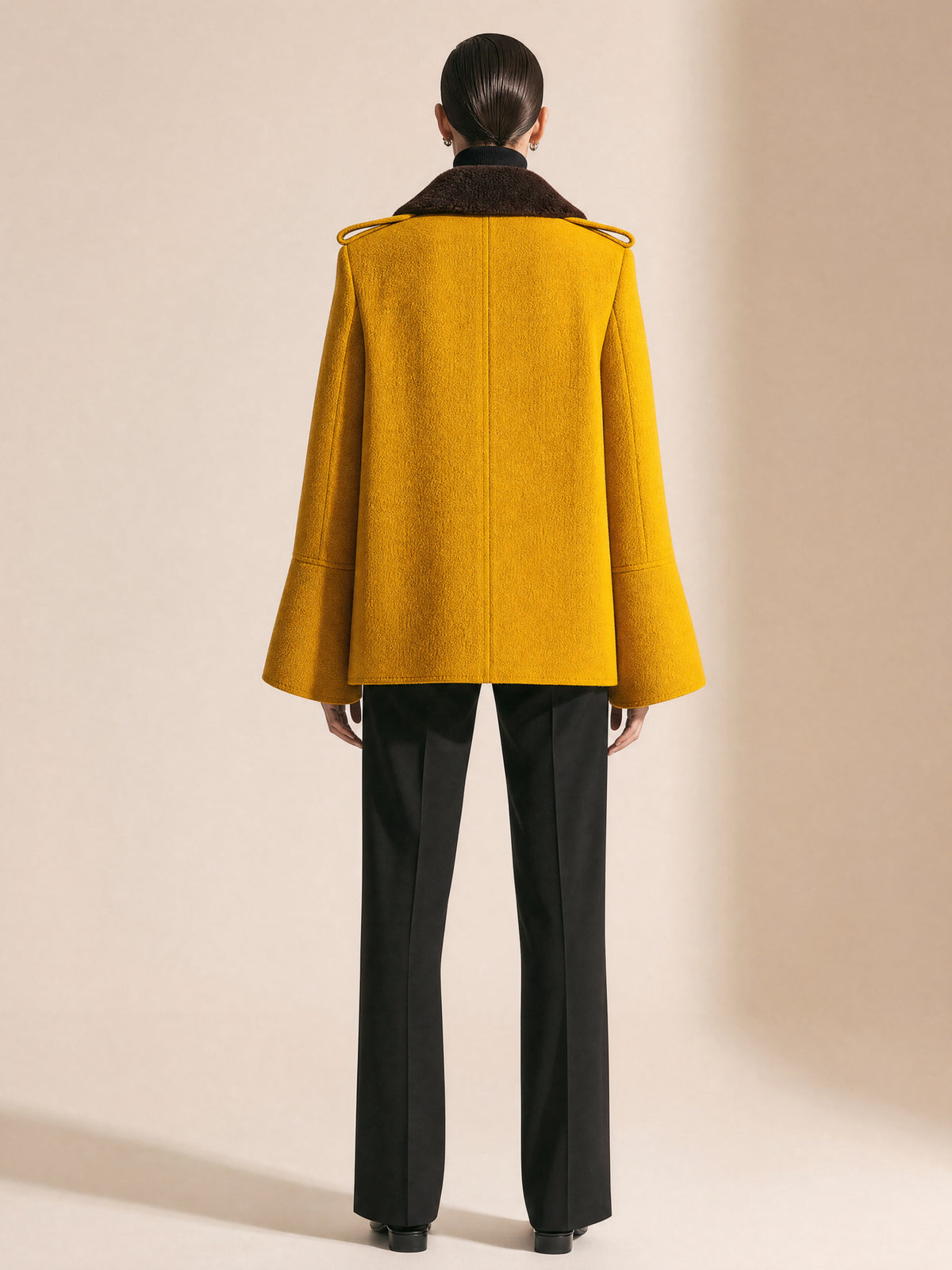 Mustard Double-Breasted Wool-Blend Coat With Faux Fur Collar And Flared Sleeves