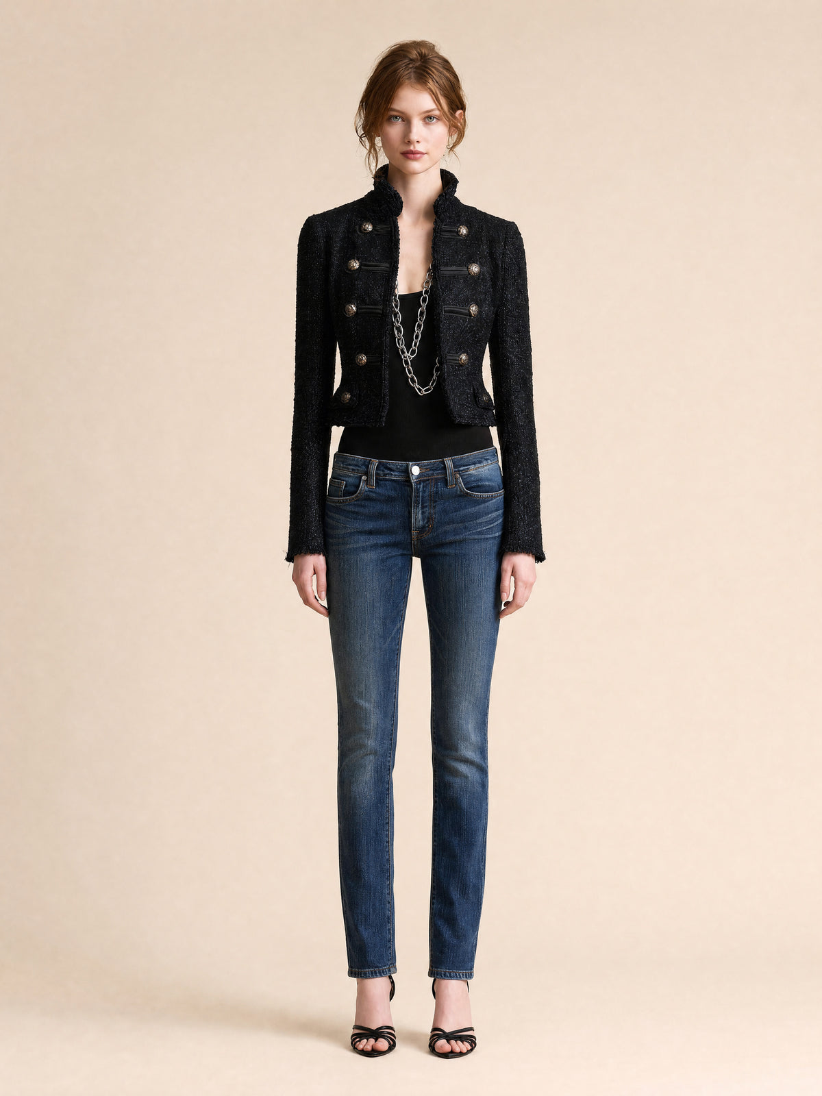 Black Textured Cropped Military-style Jacket With A Double-breasted Design