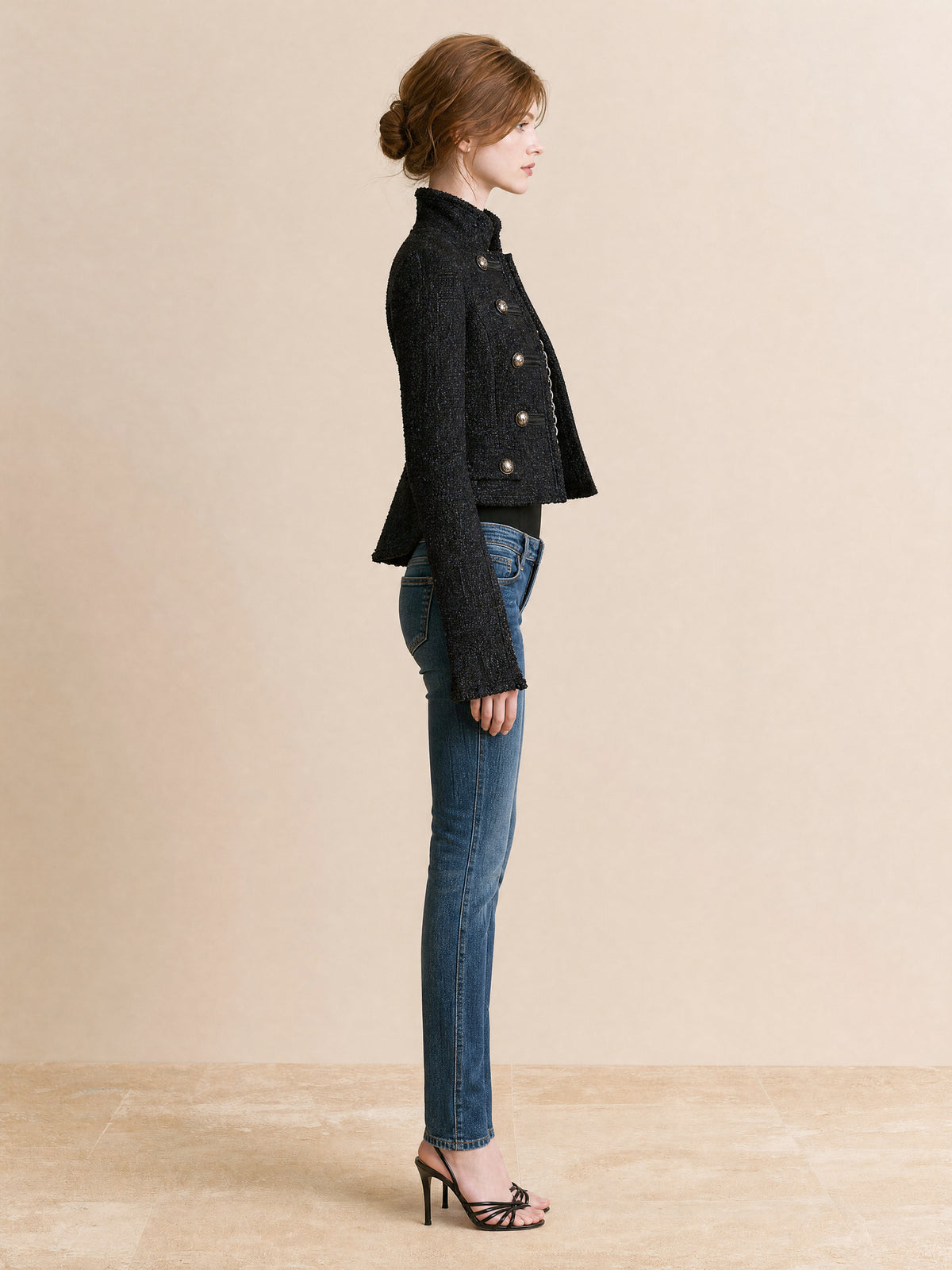 Black Textured Cropped Military-style Jacket With A Double-breasted Design