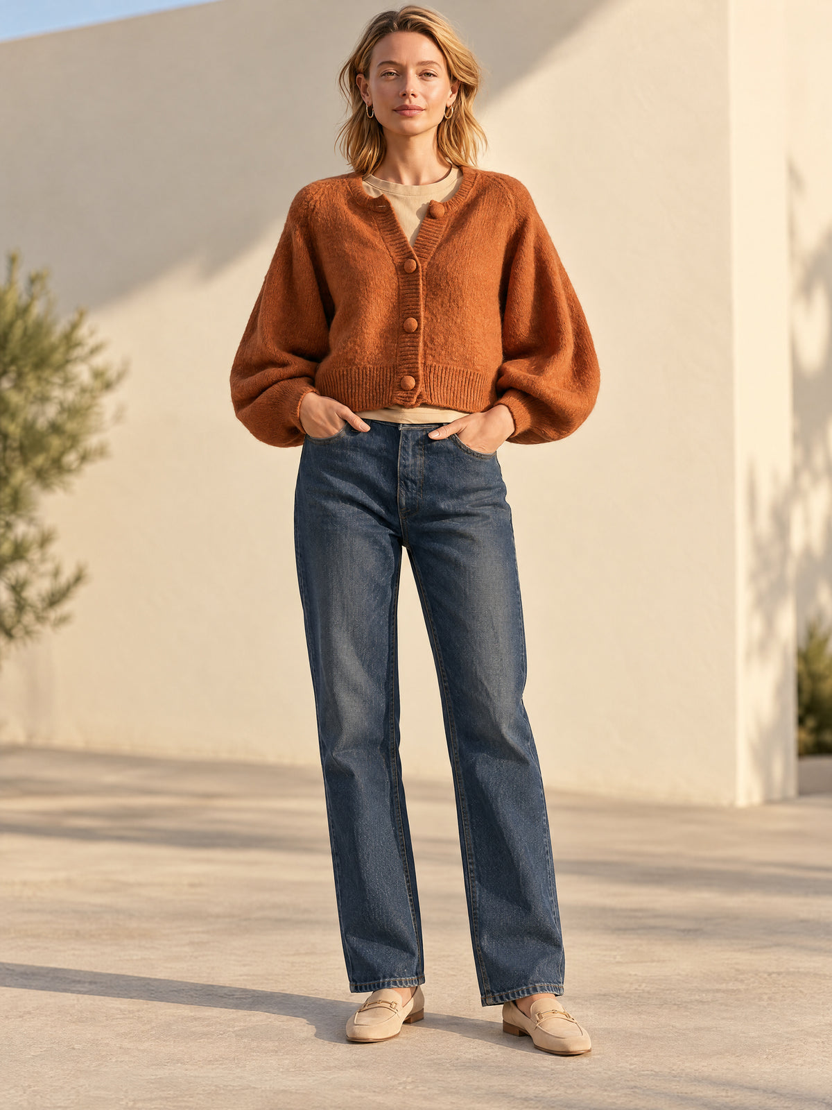 Rust Brown Fuzzy Knit Cropped Cardigan With Balloon Sleeves And Button Front