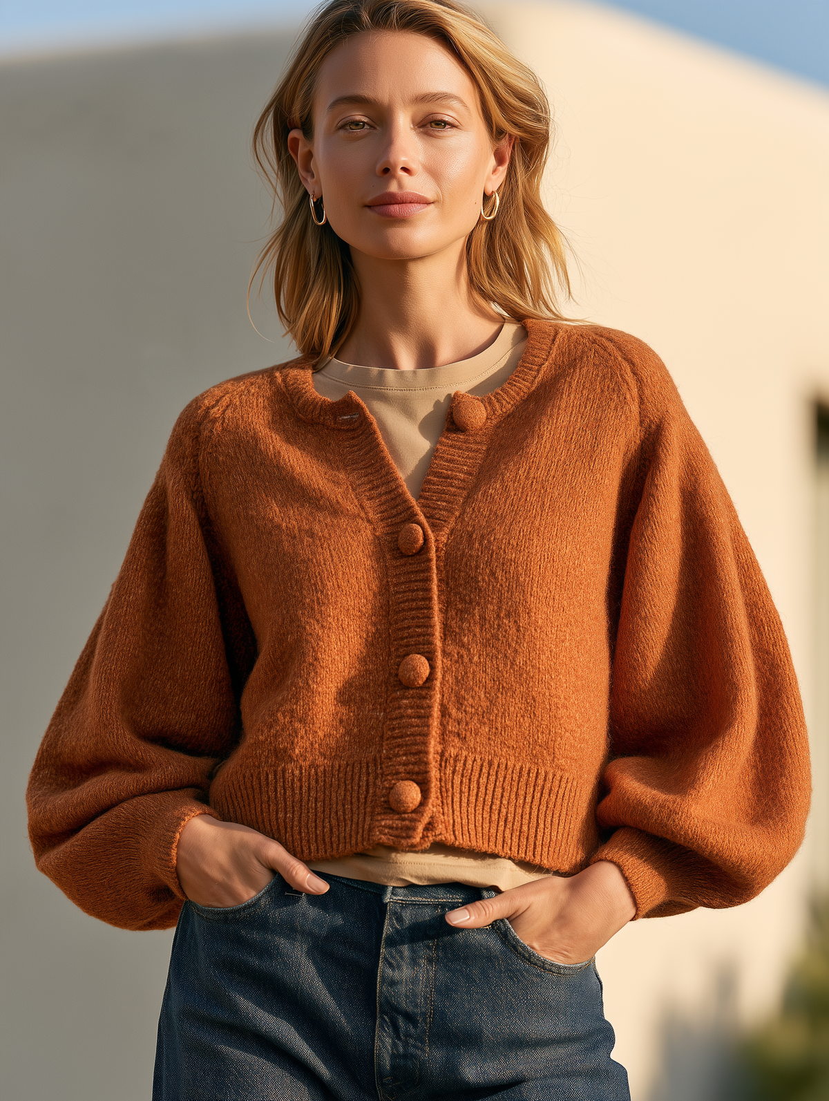 Rust Brown Fuzzy Knit Cropped Cardigan With Balloon Sleeves And Button Front