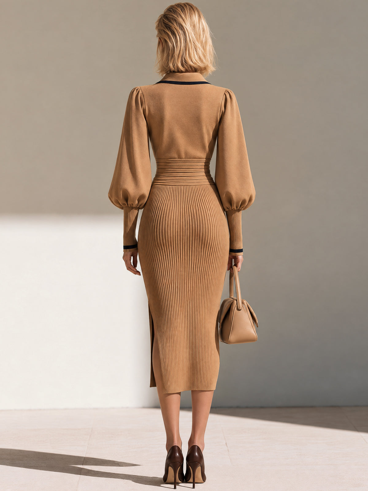 Puff Sleeve Knit Midi Shirt Dress With Side Slit