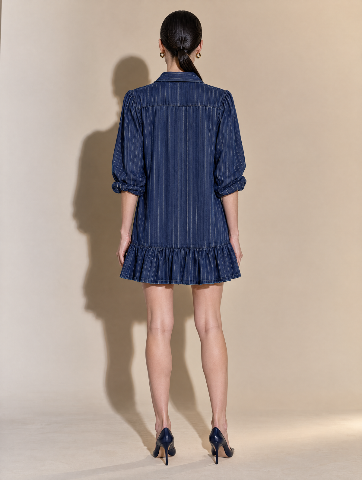 Indigo Pinstripe Denim Puff-Sleeve Drop-Waist Ruffle Hem Mini Shirt Dress