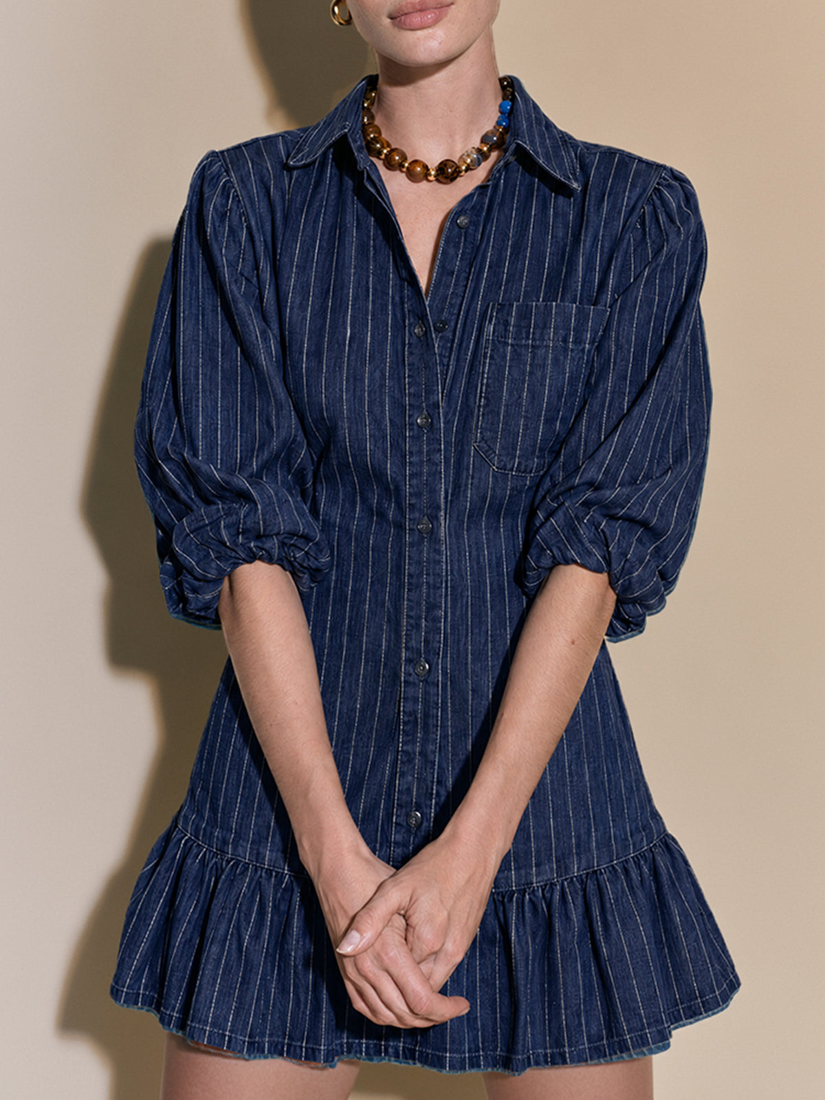 Indigo Pinstripe Denim Puff-Sleeve Drop-Waist Ruffle Hem Mini Shirt Dress