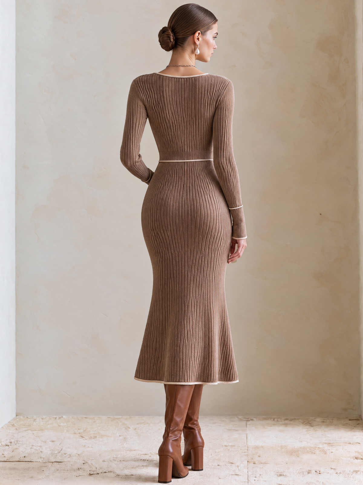 Elegant Taupe Knit Midi Dress With White Contrast Piping & Front Slit