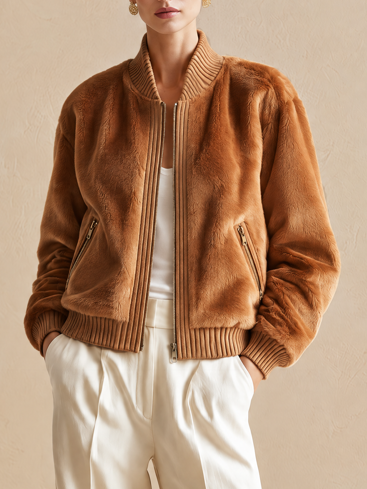 Elegant Caramel Brown Short-Pile Jacket With Ribbed Knit Trim