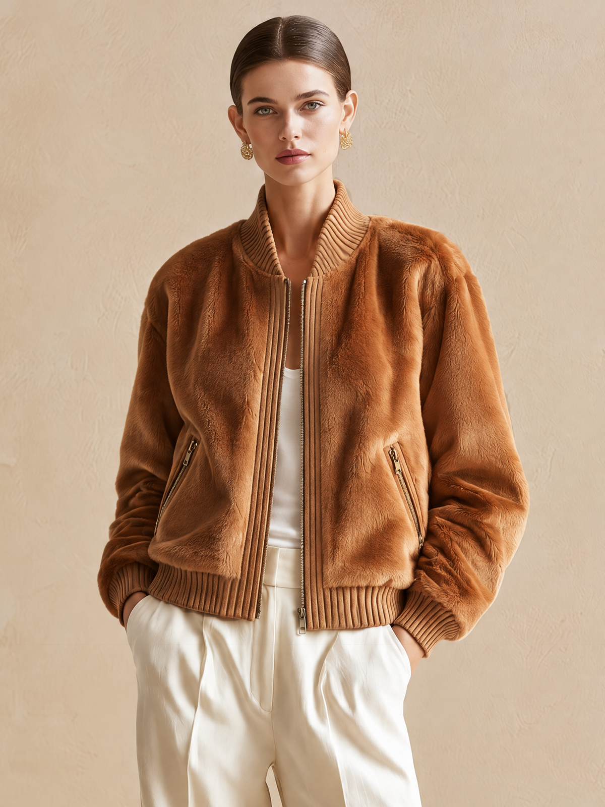 Elegant Caramel Brown Short-Pile Jacket With Ribbed Knit Trim