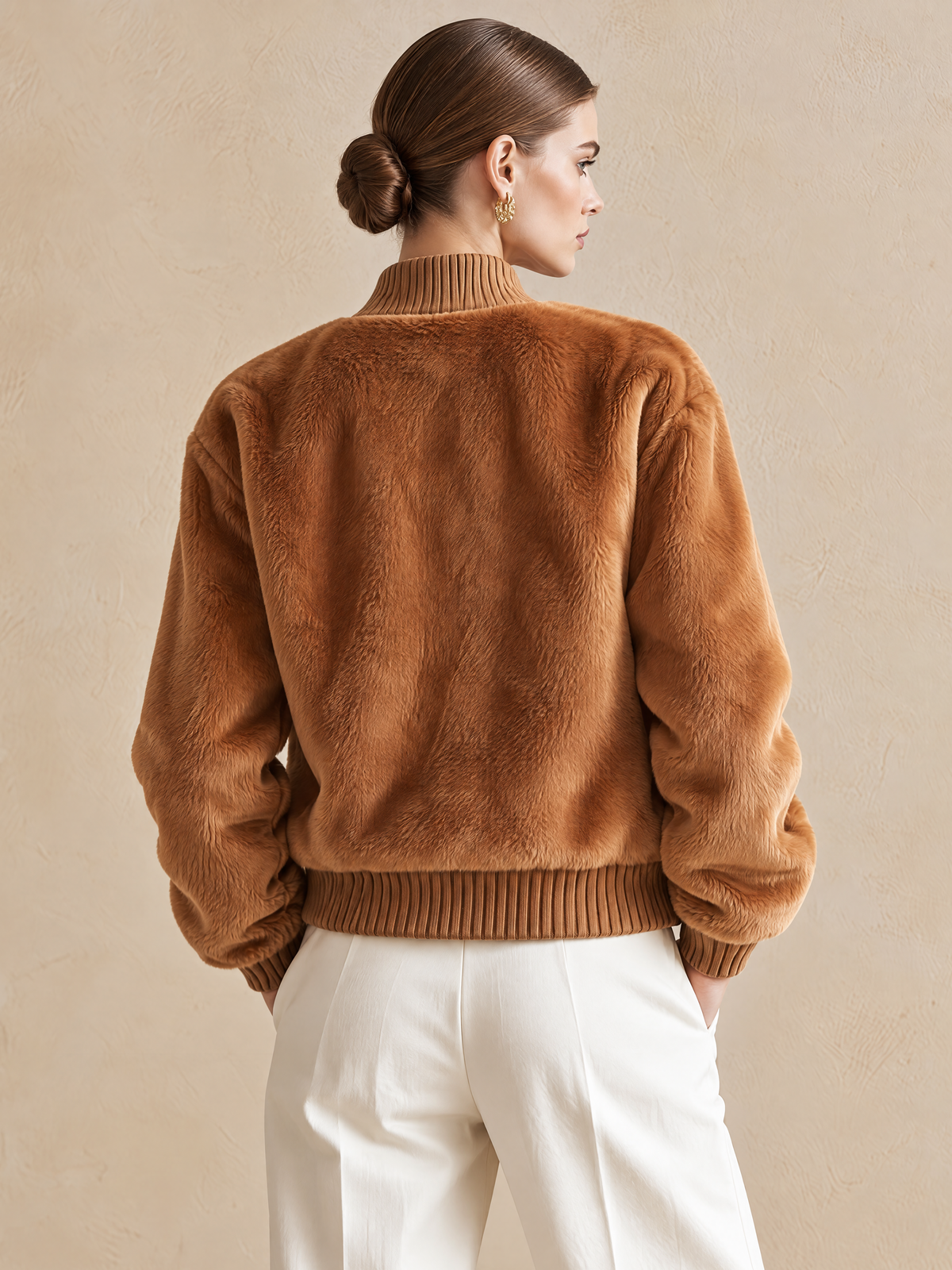 Elegant Caramel Brown Short-Pile Jacket With Ribbed Knit Trim