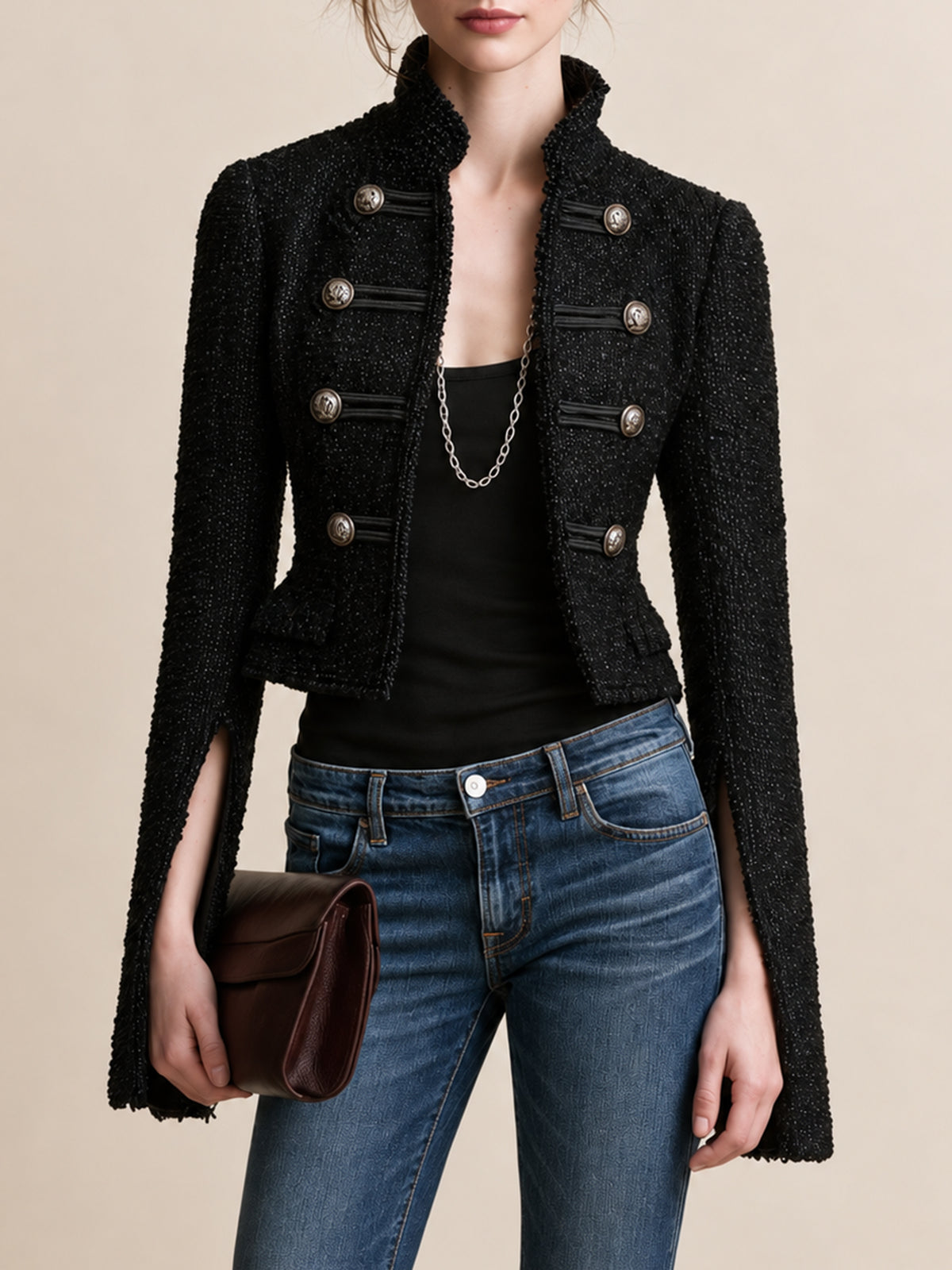Black Textured Cropped Military-style Jacket With A Double-breasted Design
